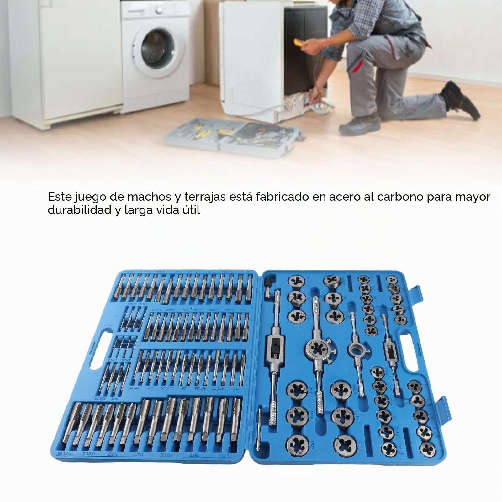 Kit Profesional de Machos y Terrajas, 110 Piezas, Acero al Carbono, Métrico, con Llave para Roscar Tuercas y Tornillos