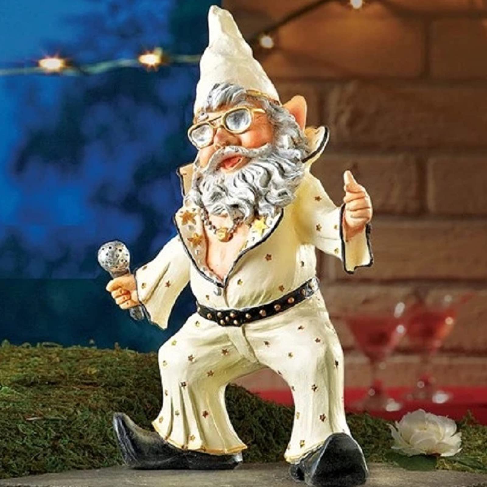 Specjalna statua krasnala ogrodowego, 2-częściowy zestaw rzeźb muzycznego krasnala ogrodowego, miniaturowe bajkowe dekoracje ogrodowe, zabawne figurki z żywicy na zewnątrz na trawnik przydomowy Pati
