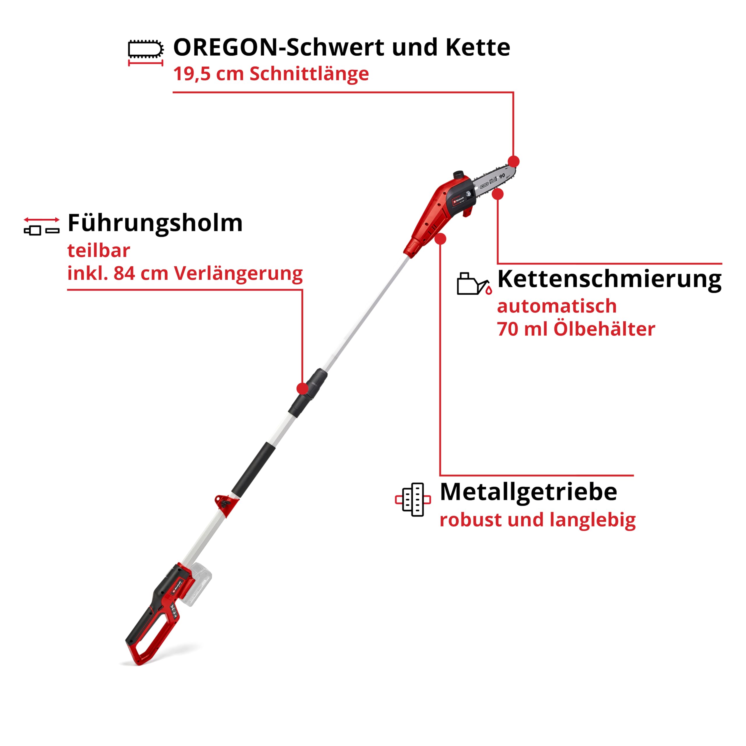 Einhell Akku-Hochentaster GC-LC 18/20 Li T-Solo Power X-Change (Li-Ion, 18 V, 20 cm Schwertlänge, Motorkopf mit 30° Neigung, Verlängerungsstange, Metallgetriebe, ohne Akku und Ladegerät)