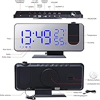 Vista 5 de Reloj despertador digital de proyección para dormitorios, reloj despertador radio en el techo, puerto de carga USB, pantalla de temperatura