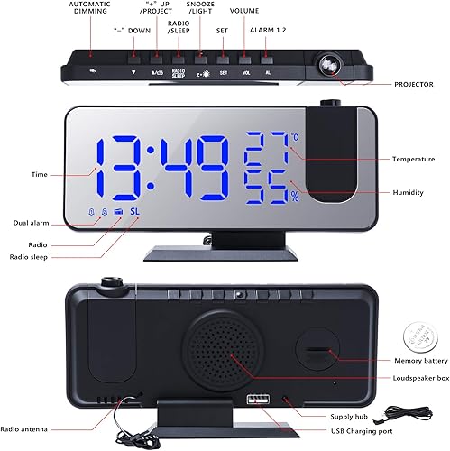Miniatura 5 de Reloj despertador digital de proyección para dormitorios, radio reloj despertador en techo, puerto de carga USB, pantalla de temperatura y humedad,