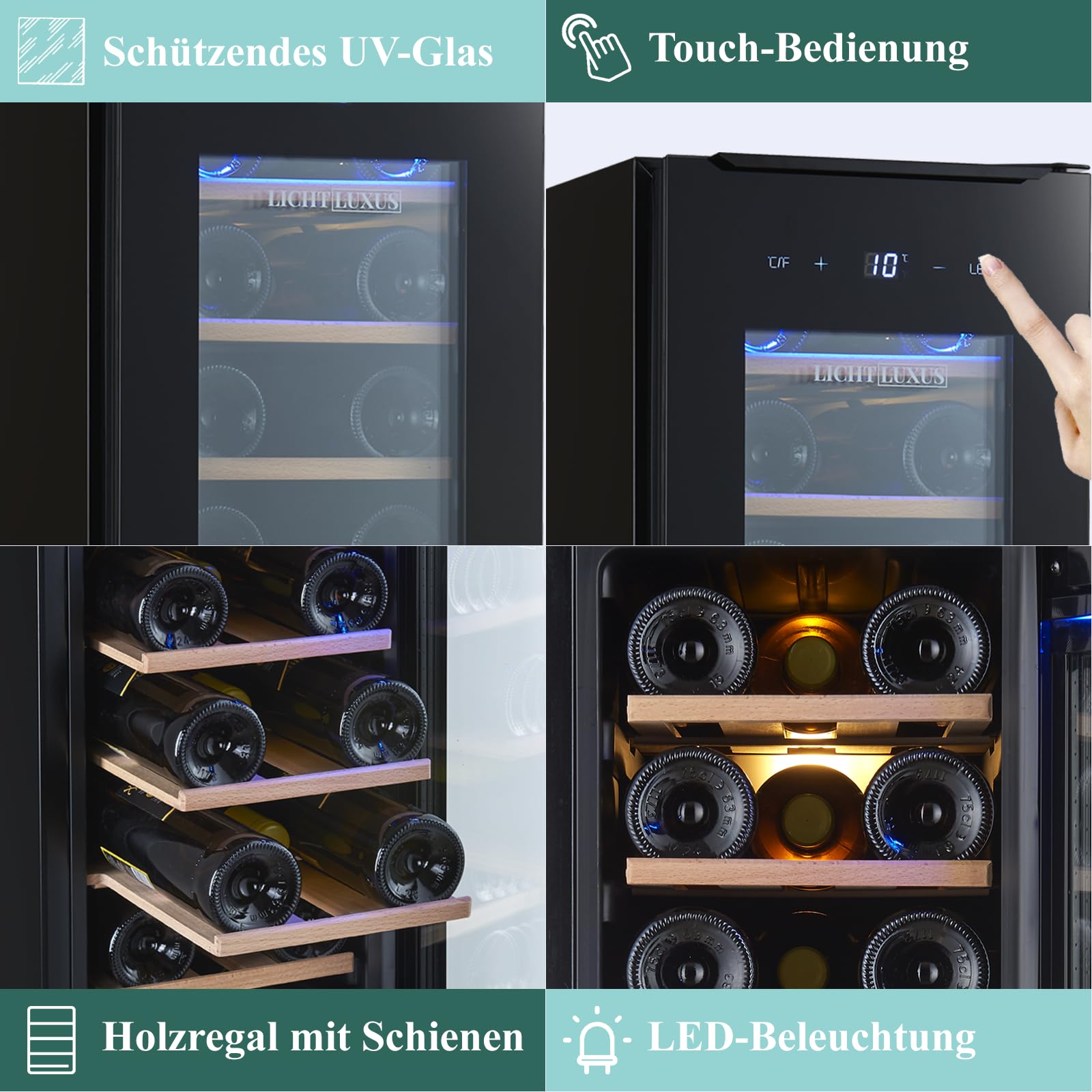 Weinkühlschrank 30cm Breit Unterbaufähig 20 Flaschen 1 Zone UV-Glastür Holzablagen Leise 37 dB