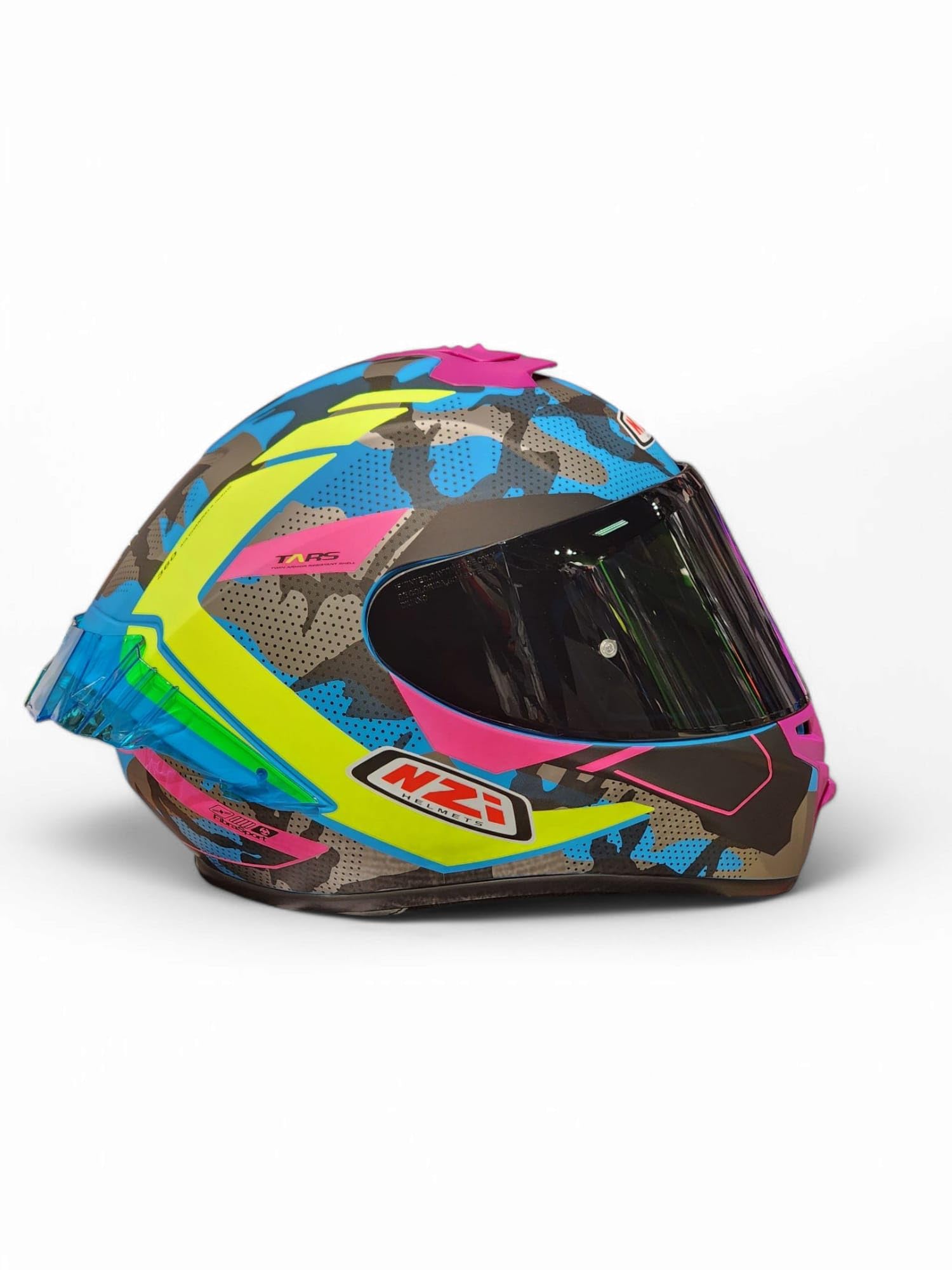 Casco Moto NZI Trendy 3 Stream Camo Azul Rosa amarjllo Fluor - Casco de Moto Integral con Pantalla Oscura + Transparente + Spoiler ECE 22.06 - Unisex Hombre y Mujer (L)