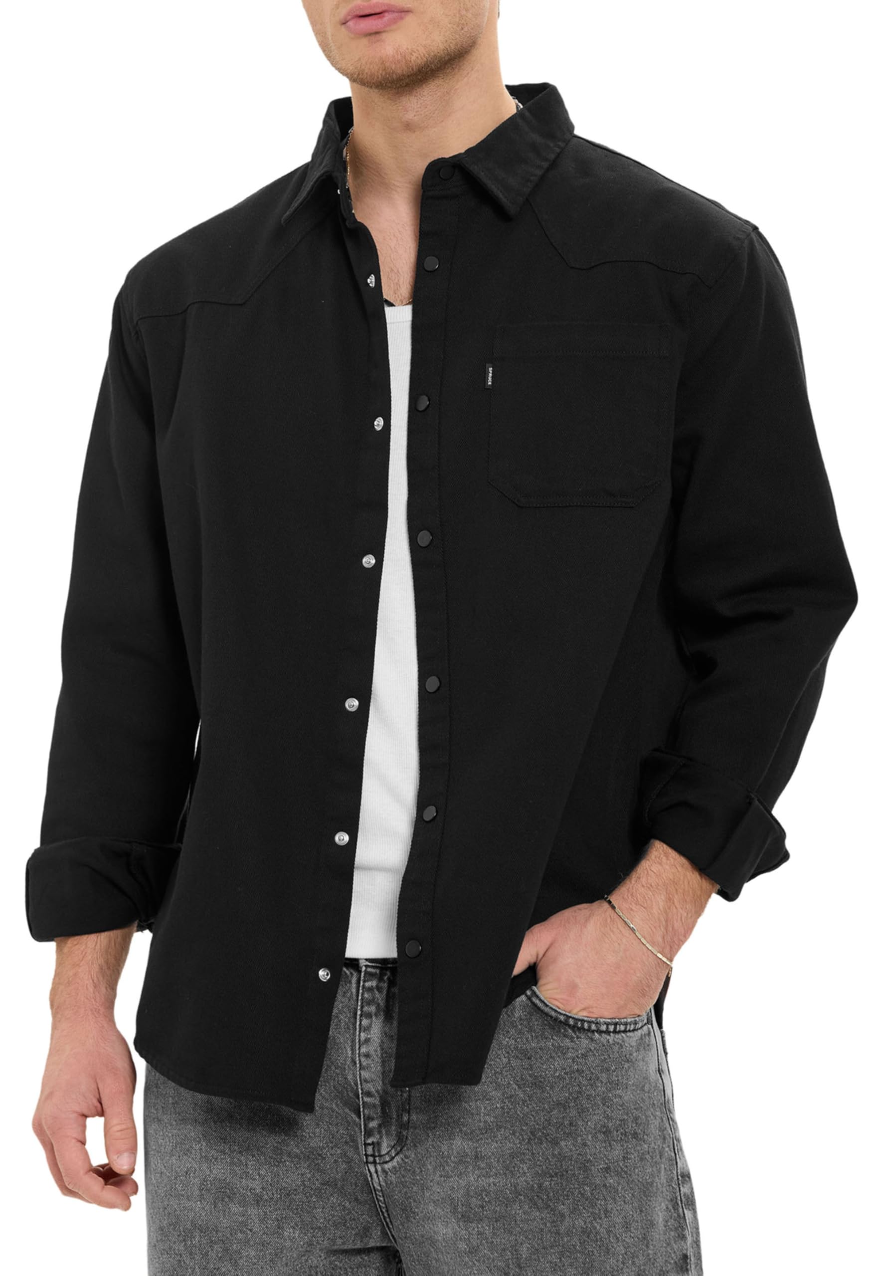 by Spruce Overshirt Langarm Hemdjacke mit Druckknöpfen & Brusttasche Lässiges Shirt für Freizeit Übergang