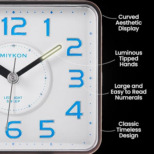 Miniatura 3 de Miykon Reloj despertador analógico cuadrado pequeño  Silencioso sin tictac, funciona con pilas con luz LED y repetición  Escritorio, mesa, viaje o