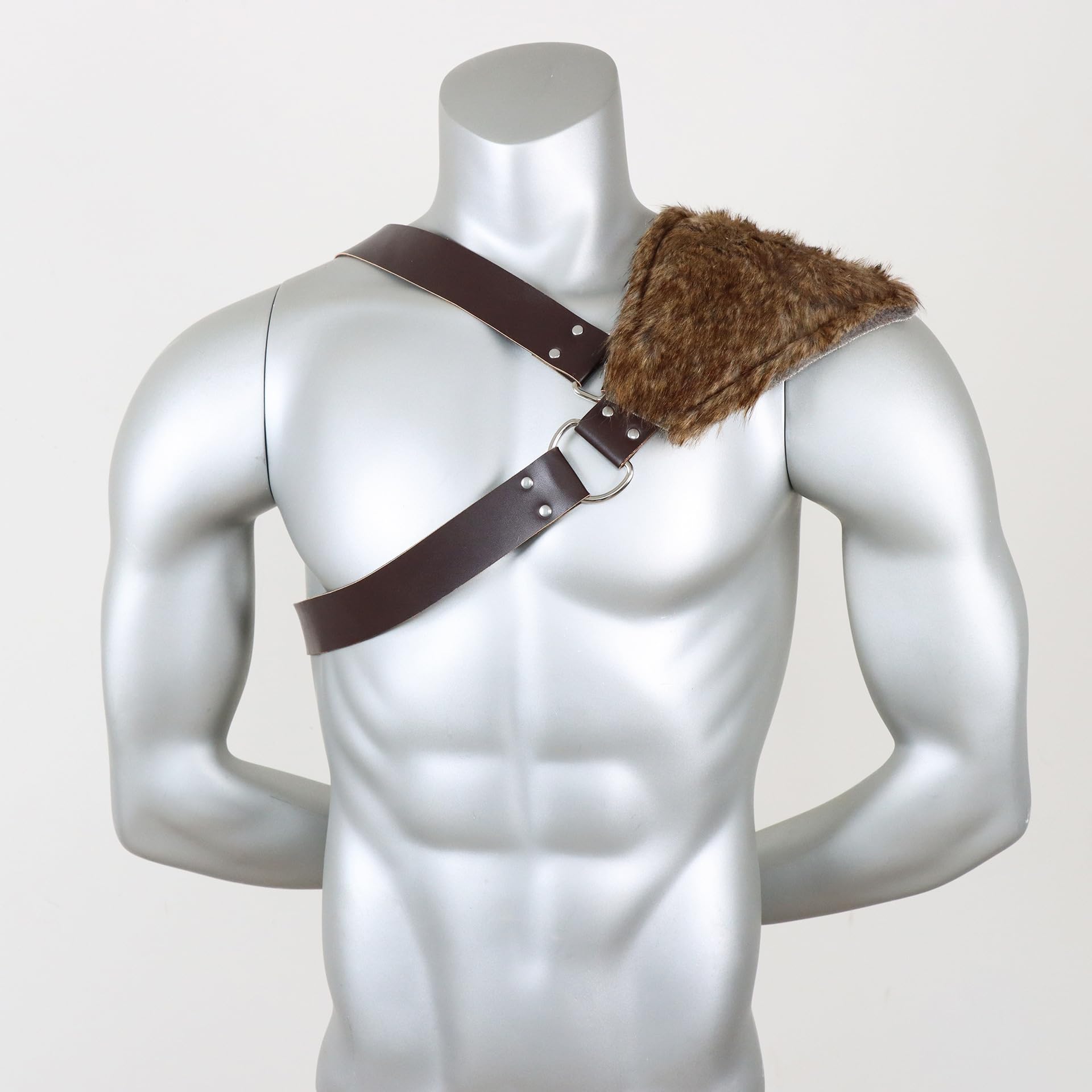 Medieval Faux Fur Viking Shoulder Armor Adjustable PU Leather Fluffy Faux Fur Single Shoulder Guard Steampunk Knight Warrior Fancy Dress Costume Accessories for LARP Halloween Cosplay Party Festival - Image 3