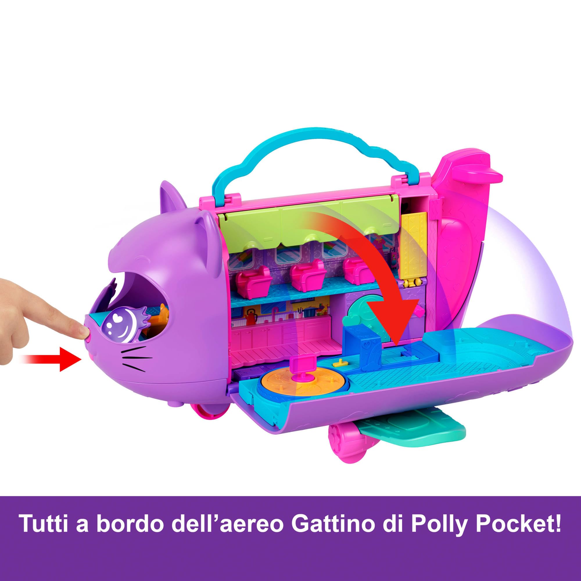 Polly Pocket - Aereo Gattino, playset da viaggio con 2 micro bambole, palco rotante e cucciolo di gatto, 19 accessori inclusi, giocattolo per bambini, 4+ anni, HWP19