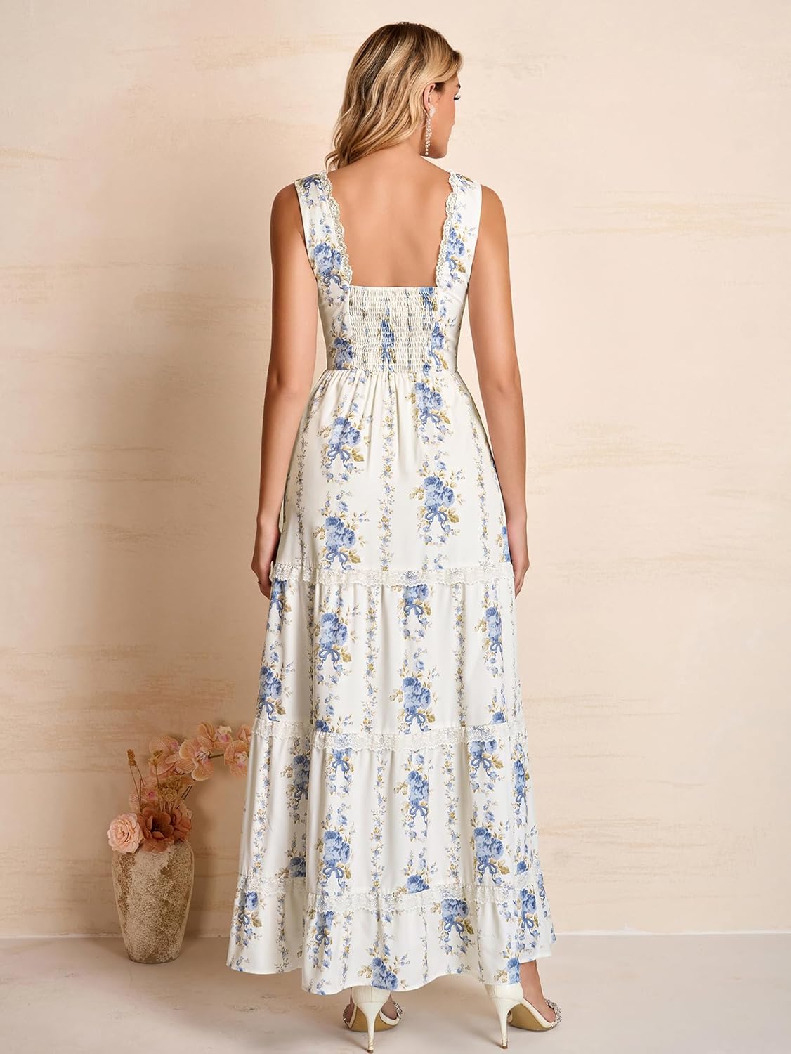 KUTUMAI Summer Lace Floral Wedding Guest Maxi Dresses for Women V Neck Corset Long Flowy Tea Party Dress - Image 4