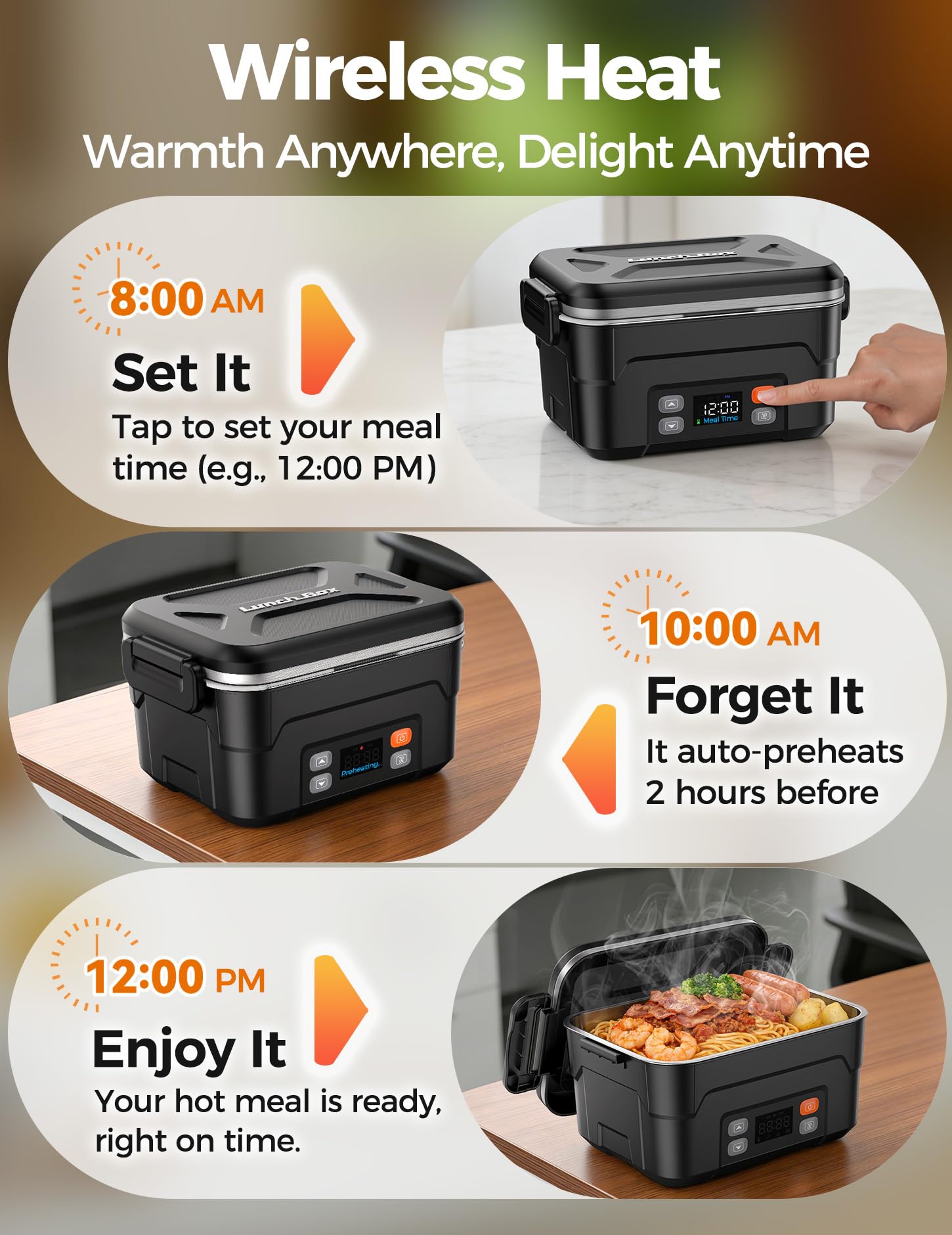 Lonchera eléctrica inalámbrica XL de 1.5 L para adultos, 104.4 °C calentada, color negro | Fiambrera térmica para alimentos, 27000 mAh, contenedor de acero inoxidable para el trabajo, al aire libre, viajes