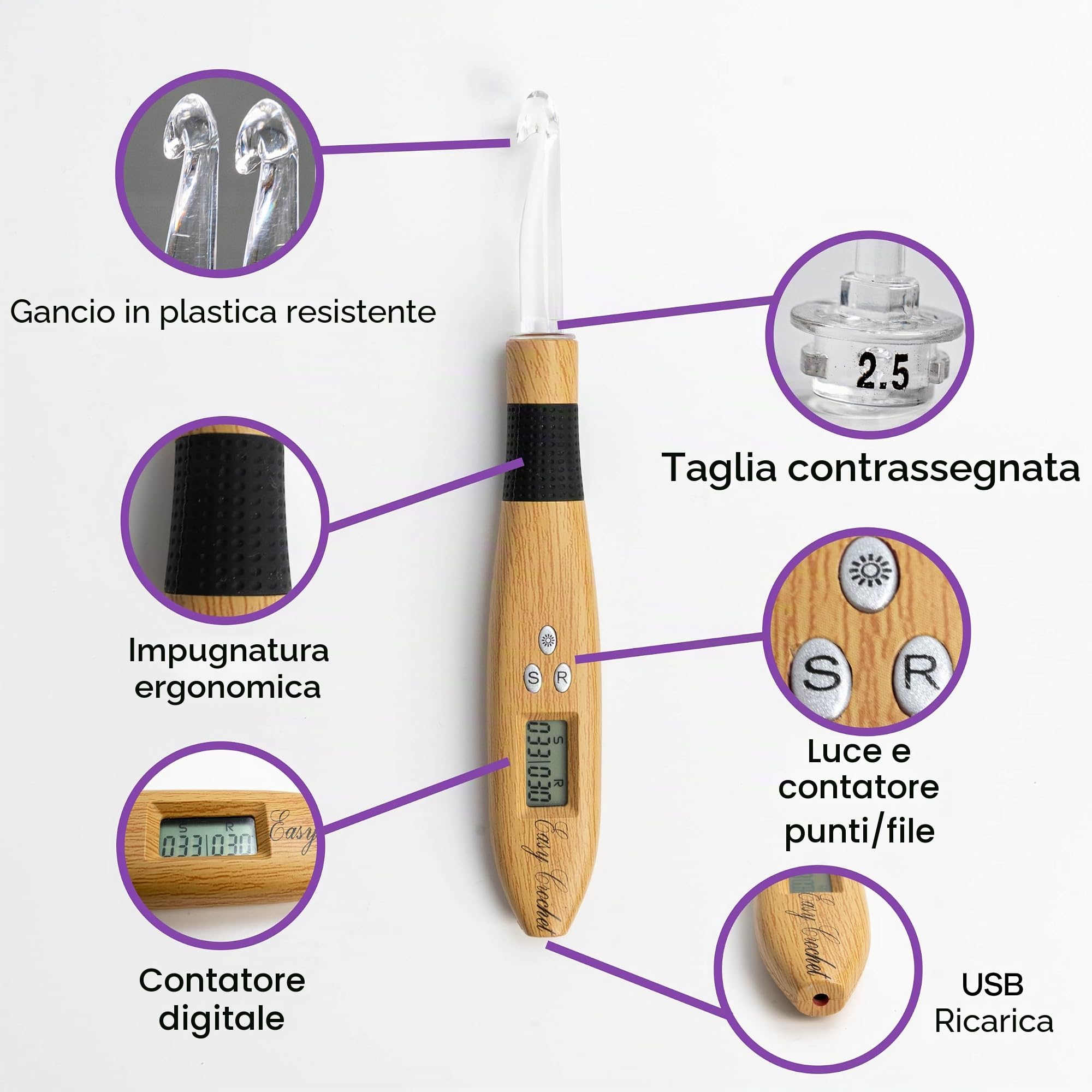 Set di uncinetti e maniglie, 18 ganci luminosi in alluminio e plastica, impugnatura morbida ergonomica, con indicatore digitale a LED, kit per lavorare a maglia, facile da usare