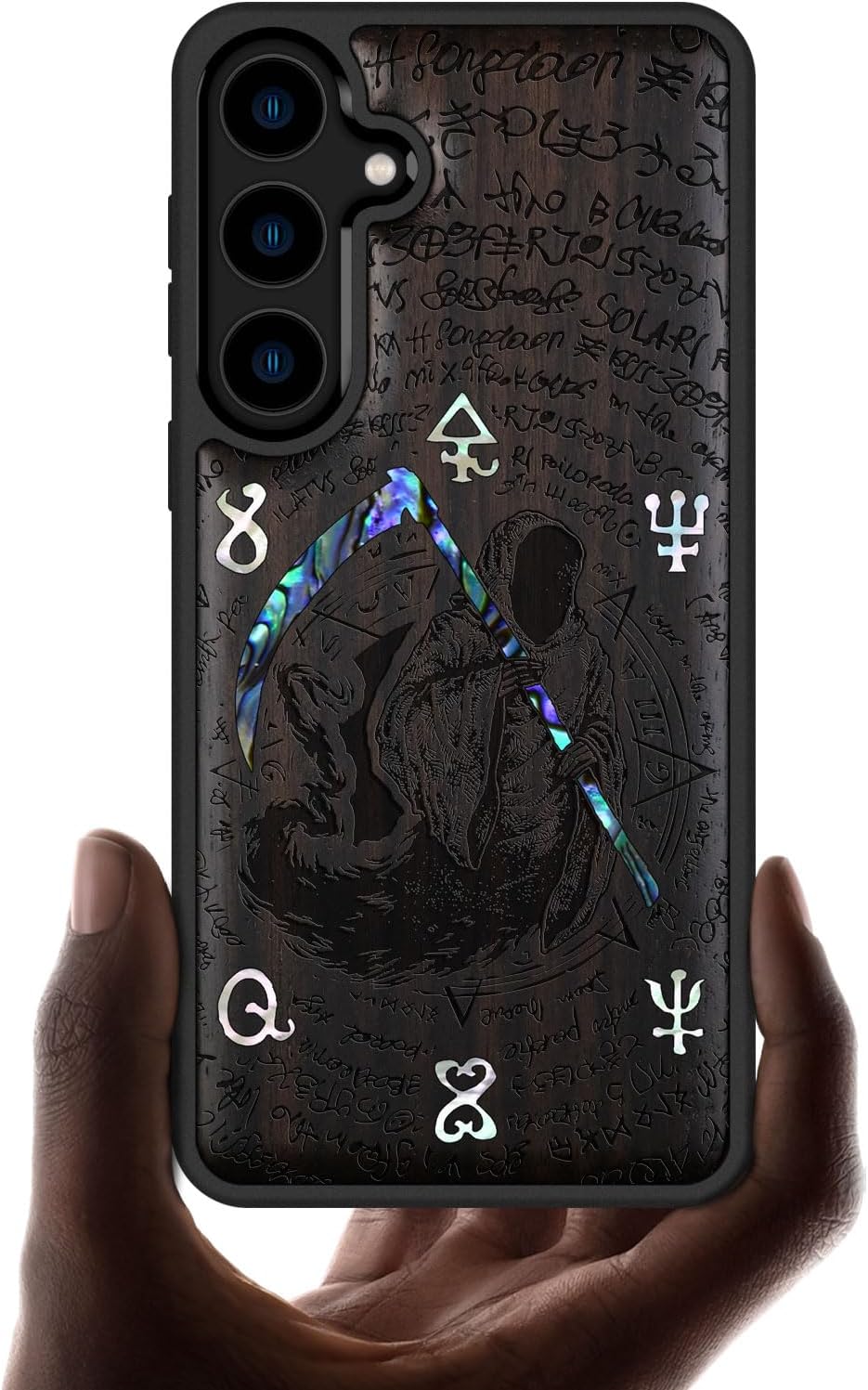 Carveit Designer Wooden Case for Samsung Galaxy S24 Plus Case [Wood Engraving & Shell Inlay] Compatible with Wireless Chargers S24 Plus Cover (The Grim Reaper-Blackwood)