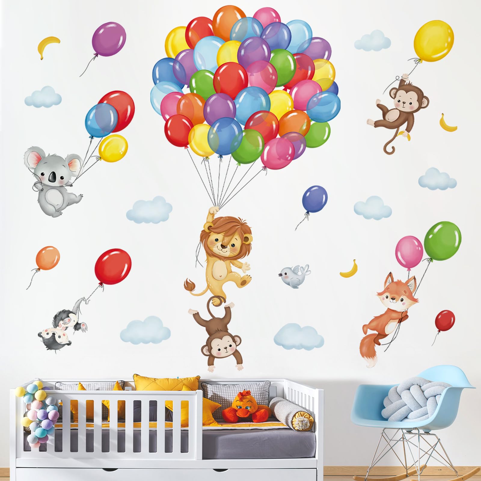 Adesivi Murali Animali Mongolfiera - Panda, Volpi E Nuvole - Decorazione Cameretta Bambini In Vinile 89,9x30 Cm