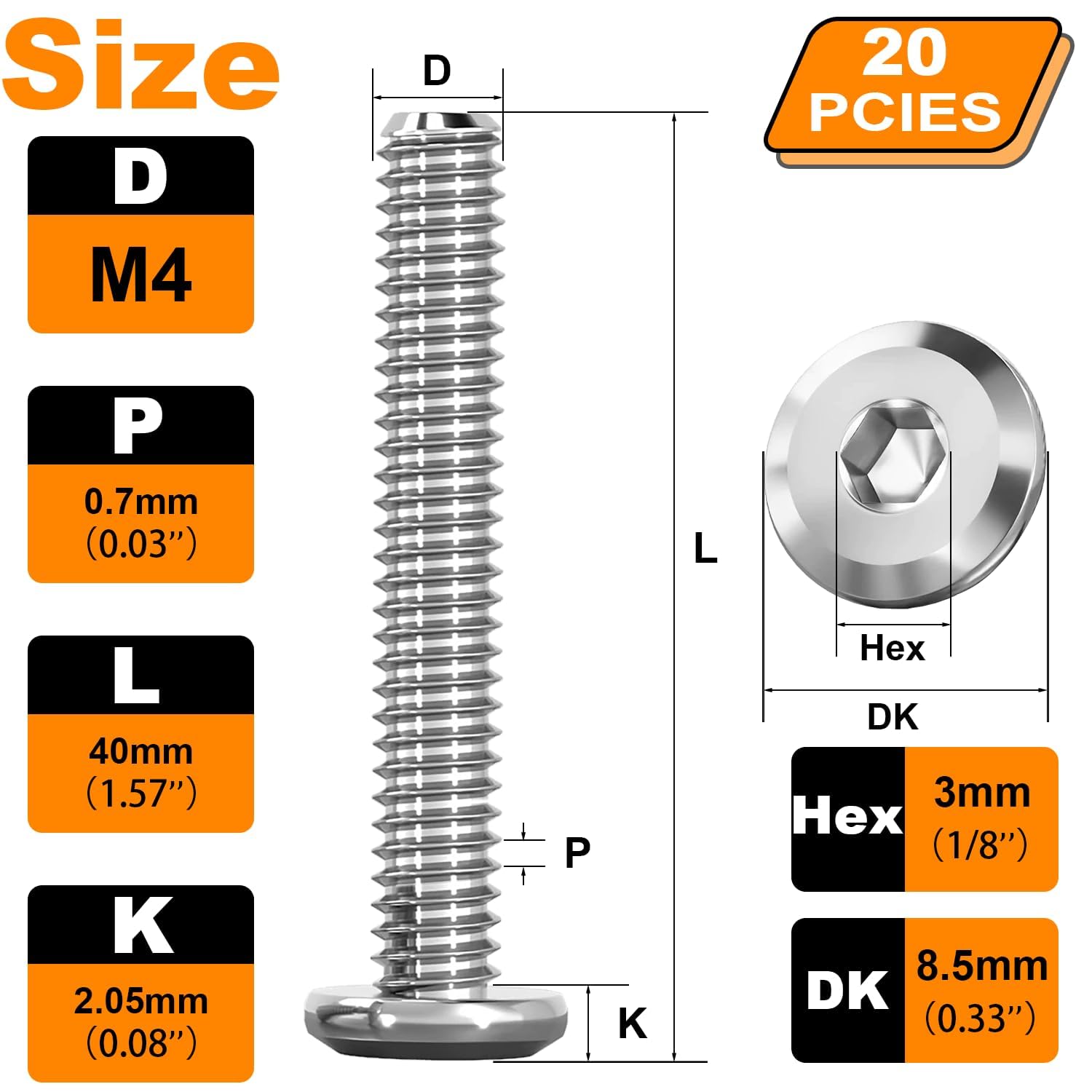 20Pcs M4 Furniture Bolts, M4 x 40mm Flat Head Hex Socket Cap Screws Bolts - Image 2