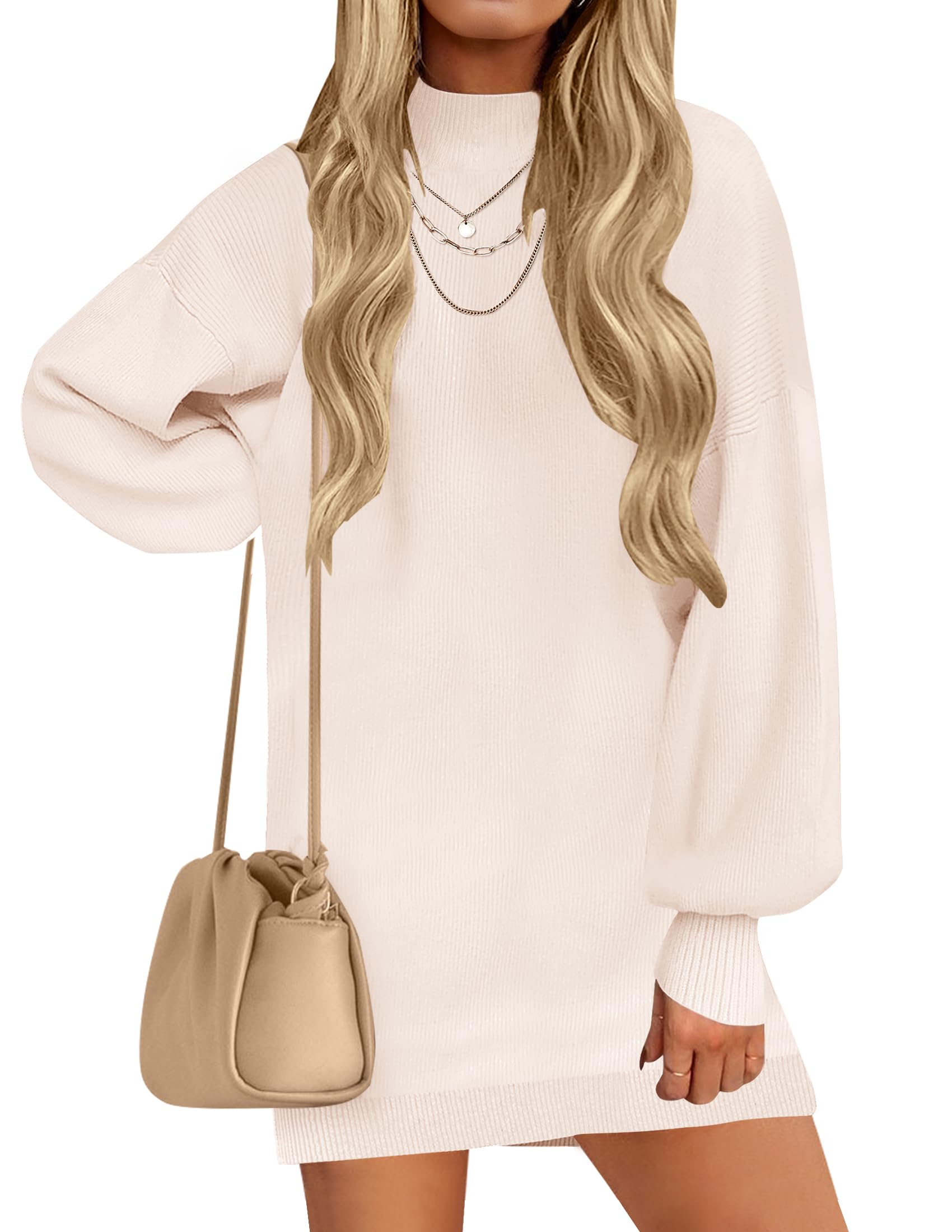 ZESICA Women's 2026 Fall Turtleneck Sweater Dress Oversized Long Lantern Sleeve Casual Knit Pullover Mini Dresses