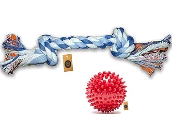 Pets Rubber Spiked Ball Dog Chew Toy and Small Rope Dog Chew Toy, Colour May Vary