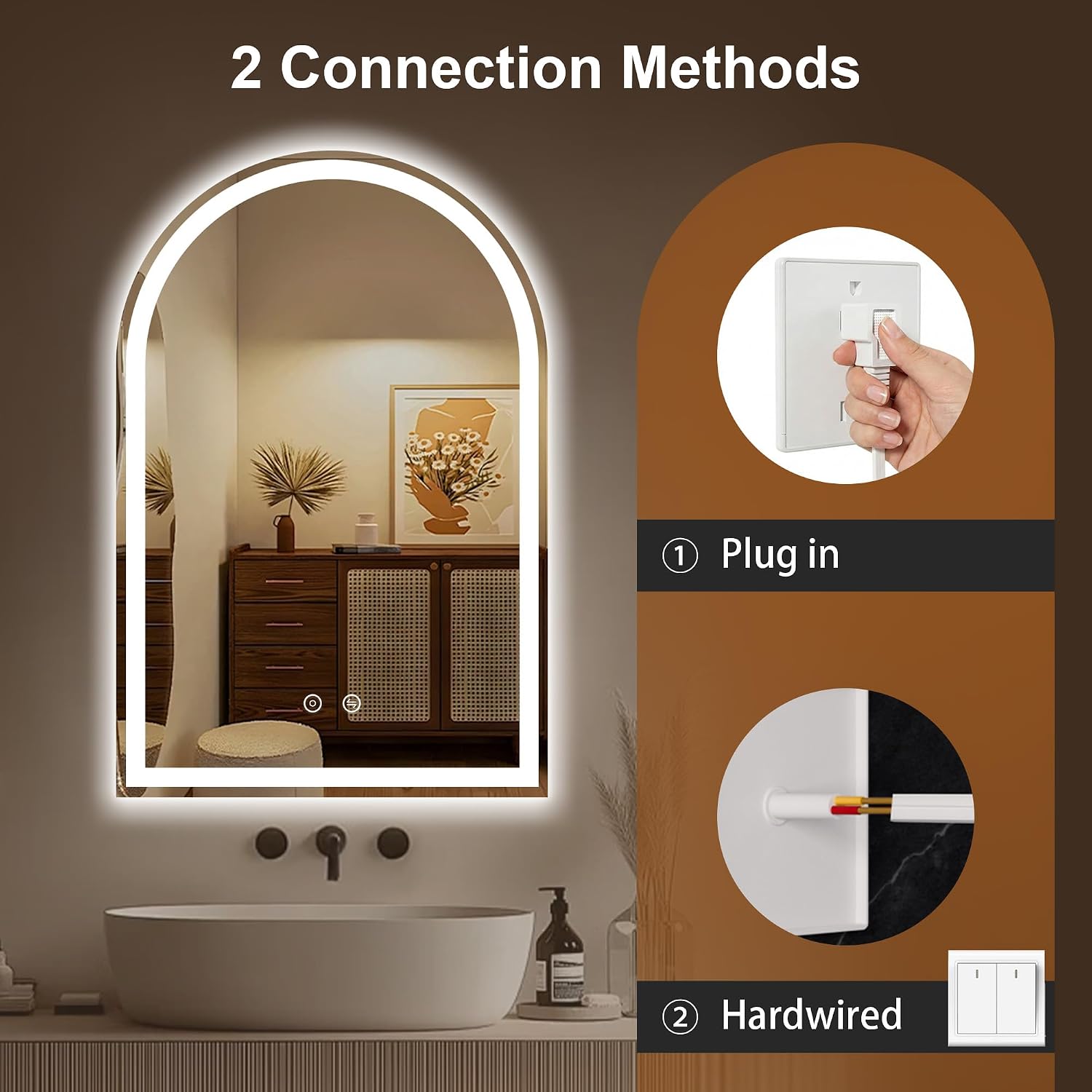 Arched LED Bathroom Mirror with Lights, 24" x 36" Lighted Vanity Mirror | Anti-Fog, Dimmable 3 Colors, Backlit + Frontlit, HD Shatterproof Tempered Glass, Memory Function