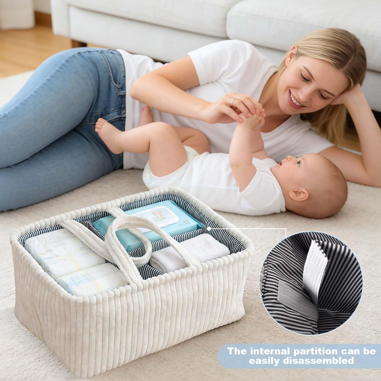 Panier Rangement Bébé, Compartiment Amovible, Panier de Rangement Bébé Portable en Peluche pour Essentiels du Nouveau-Né les Couches, Lingettes et Inserts, Cadeau Naissance, Blanc cassé