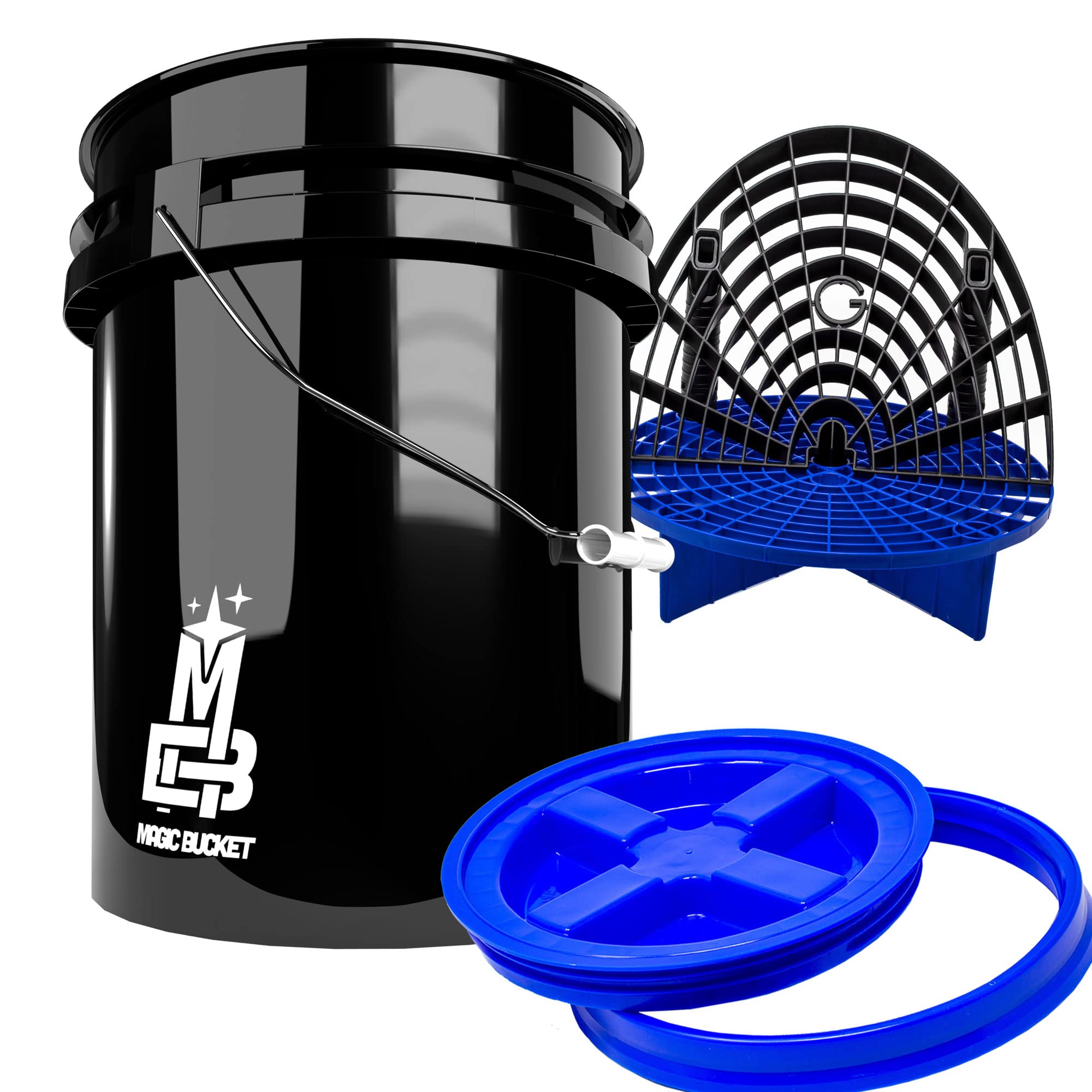 Detailmate professionelles Wasch Eimer Set: Magic Bucket Wascheimer 5 GAL (ca. 20 Liter), Gamma Seal Eimerdeckel blau, GritGuard Schmutz Einsatz blau, GritGuard Washboard schwarz