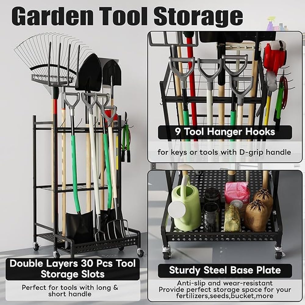 Robusto Organizer per Attrezzi da Giardino con 30 Slot e 9 Ganci