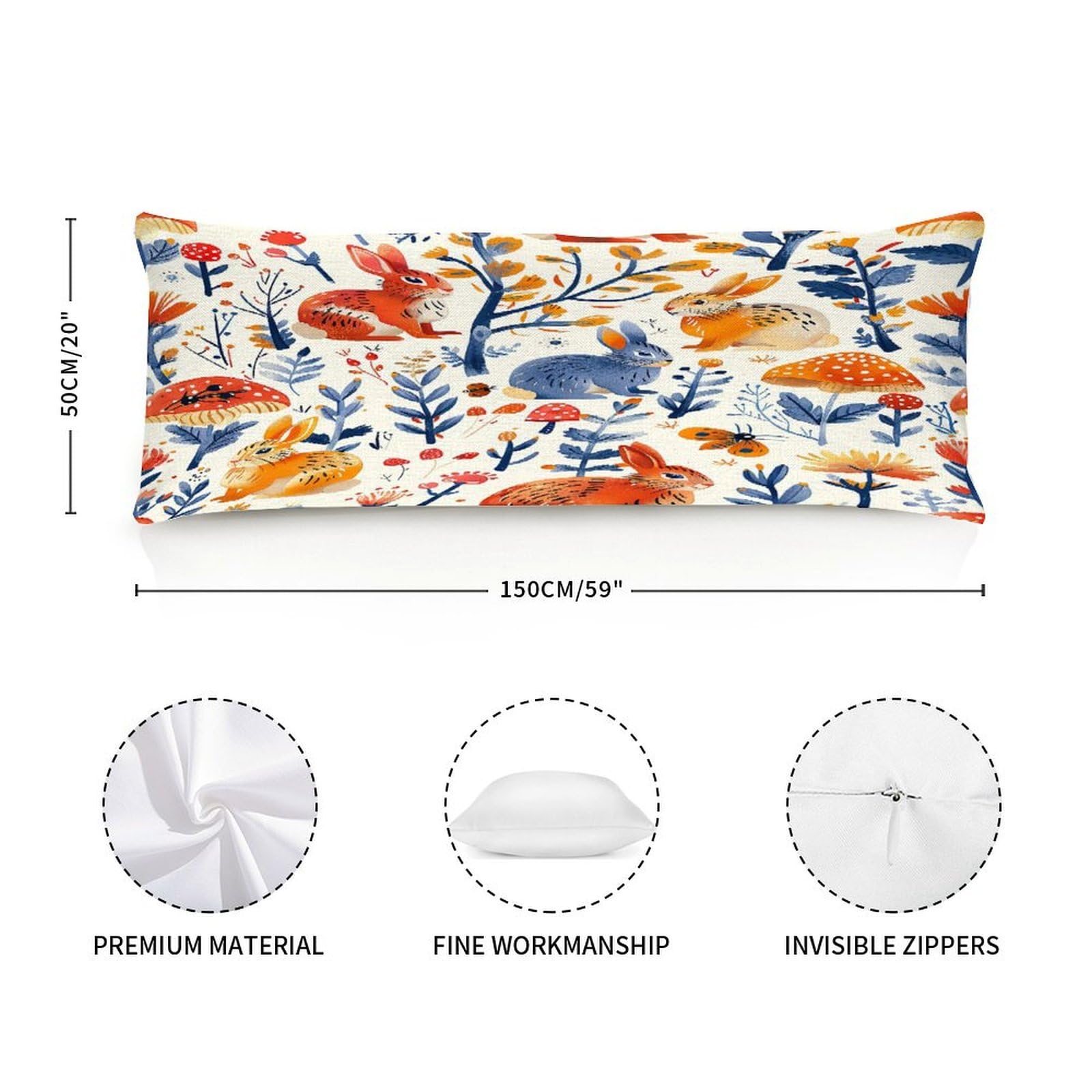 Retro Rabbits and Floral Long Body Pillow Case Cover for Pregnant Women Adults 20x59in,Chinoiserie Asian Style Machine Washable Soft Bed Long Body Pillow Cover with Zipper