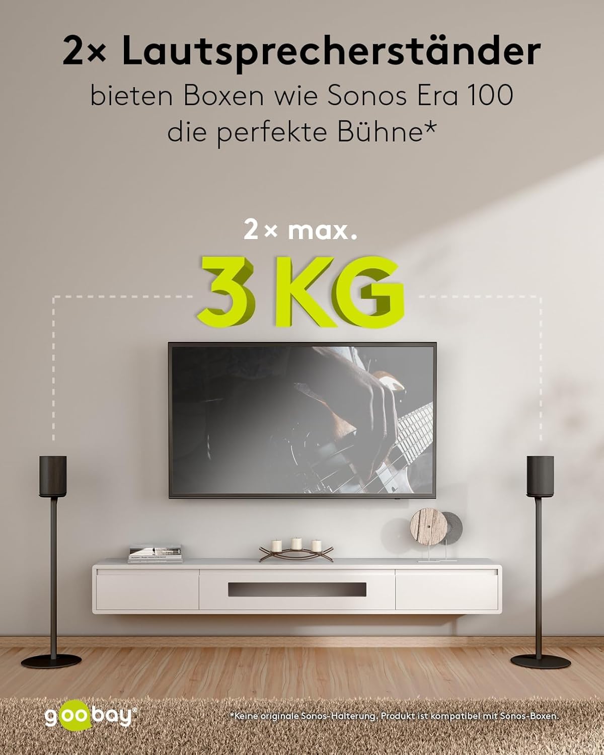 goobay Lautsprecherständer für Sonos Era 100 / Lautsprecherhalterung 3k Tragkraft/Boxenständer mit Kabelmanagement / 71cm hoch/schwarz / 71026