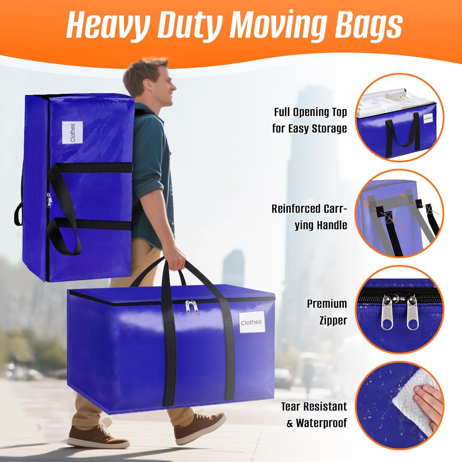 8-Pack Moving Bags with Backpack Straps & Carry Handles, 25 Gallons-93 L Heavy Duty Storage Totes for Space Saving, Foldable Storage Bags for College Dorm, Travel, Camping (Blue) - Image 5