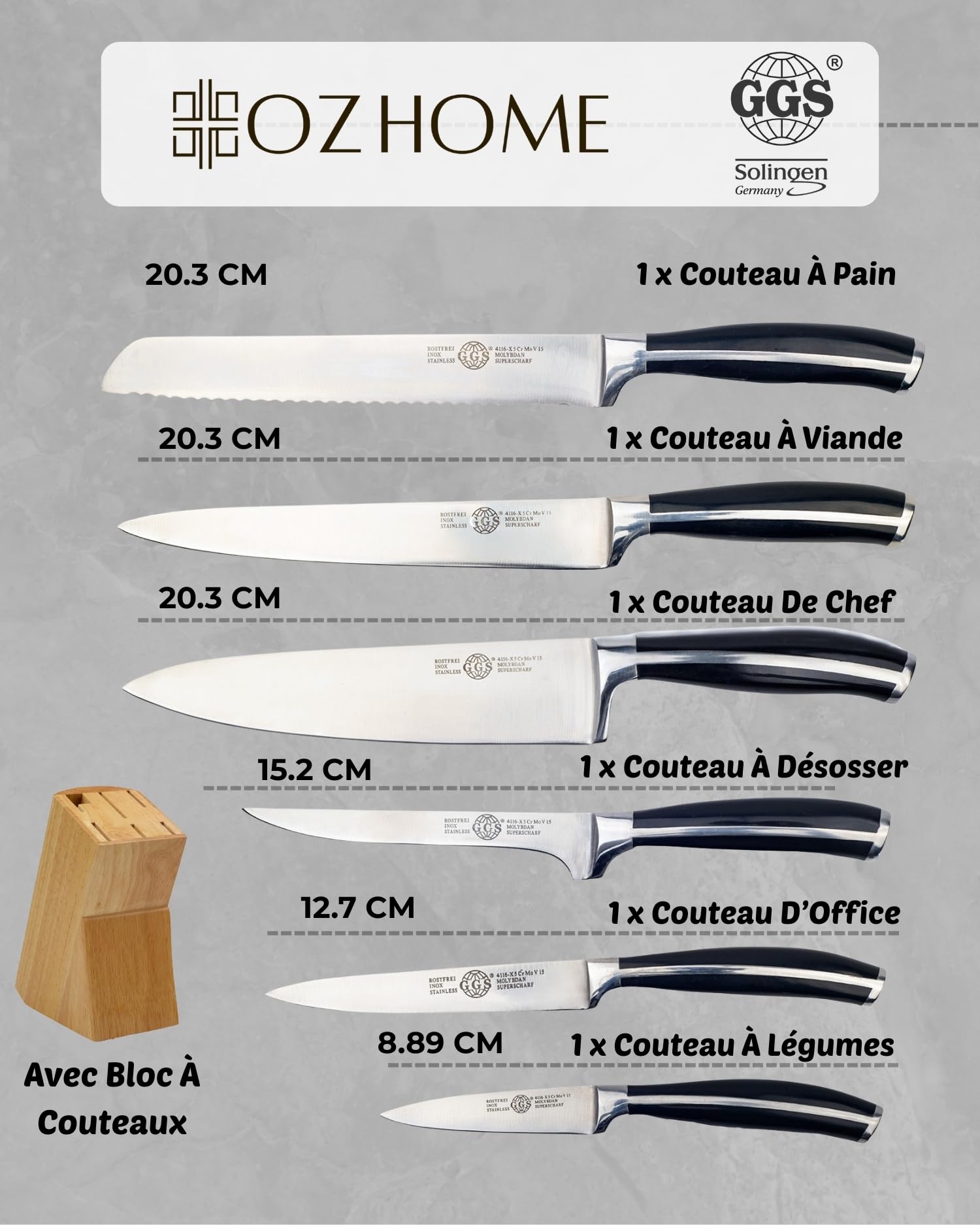 GGS Bloc Couteau Cuisine Professionnel 7Pcs, Couteau De Cuisine Manche Mica | Couteaux Et Ustensiles De Cuisine - Set De Couteaux De Cuisine - Bloc Couteaux Cuisine - Knife Set - Fabriqué En Allemagne