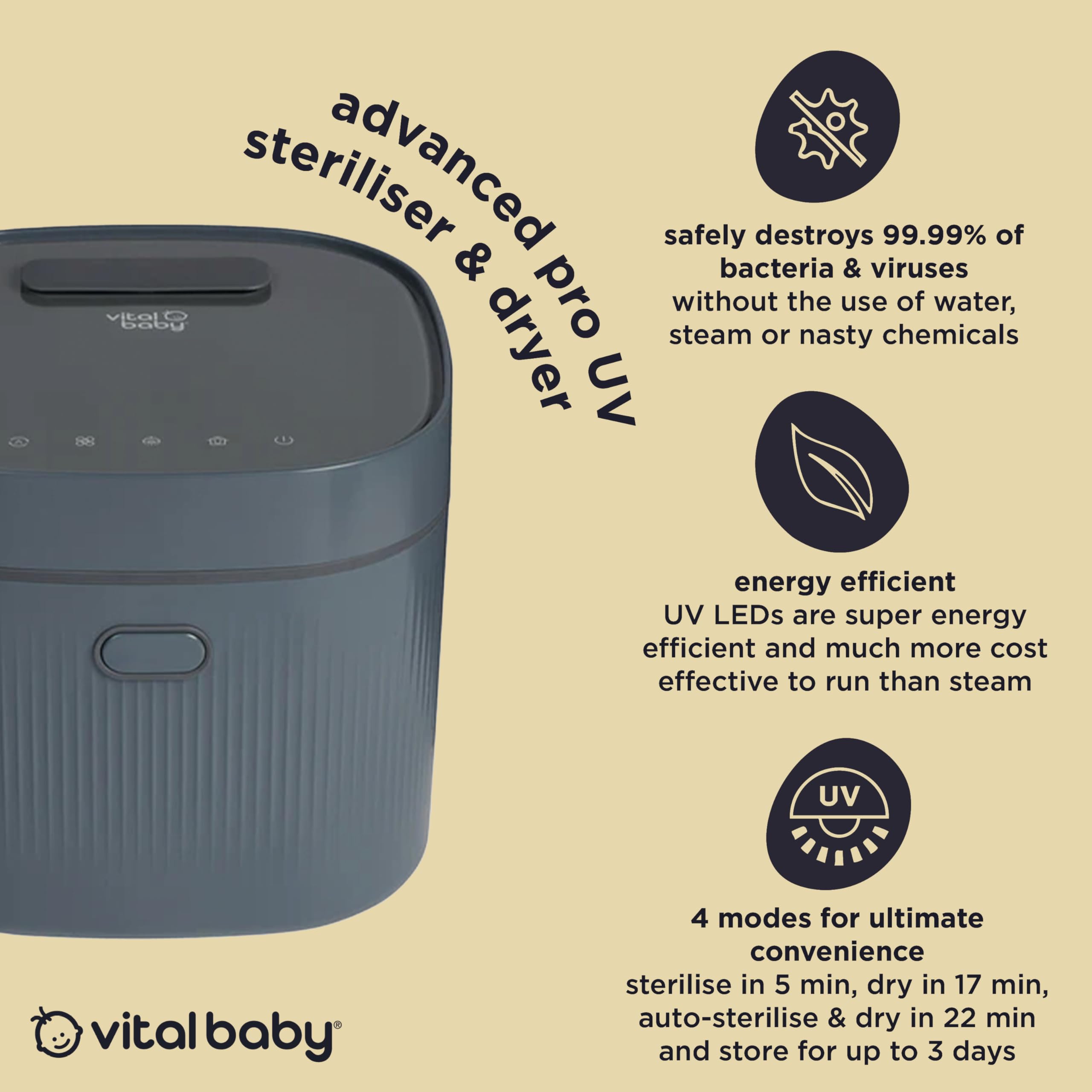 Vital Baby Stérilisateur UV pour biberons et accessoires - Tue 99,99% des germes en 5 minutes, stérilise, sèche et stocke, sans eau, vapeur ou produits chimiques - Bleu fumé