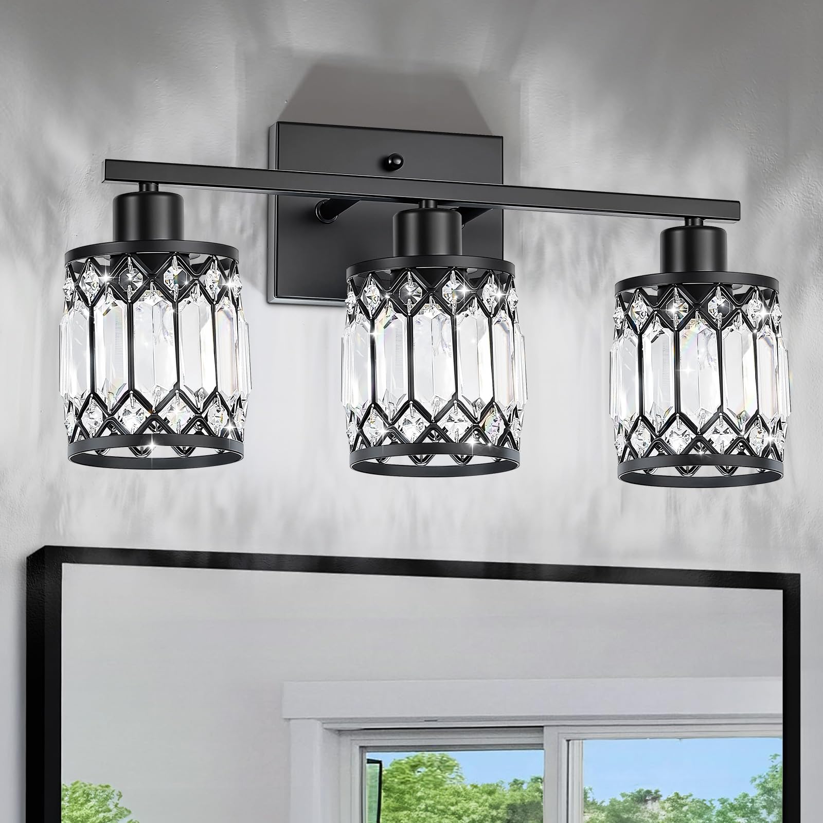 Crystal Modern Bathroom Light Fixtures 3-Light Black Bathroom Vanity Wall Light Vanity Lights for Mirror Restroom Bedroom E26