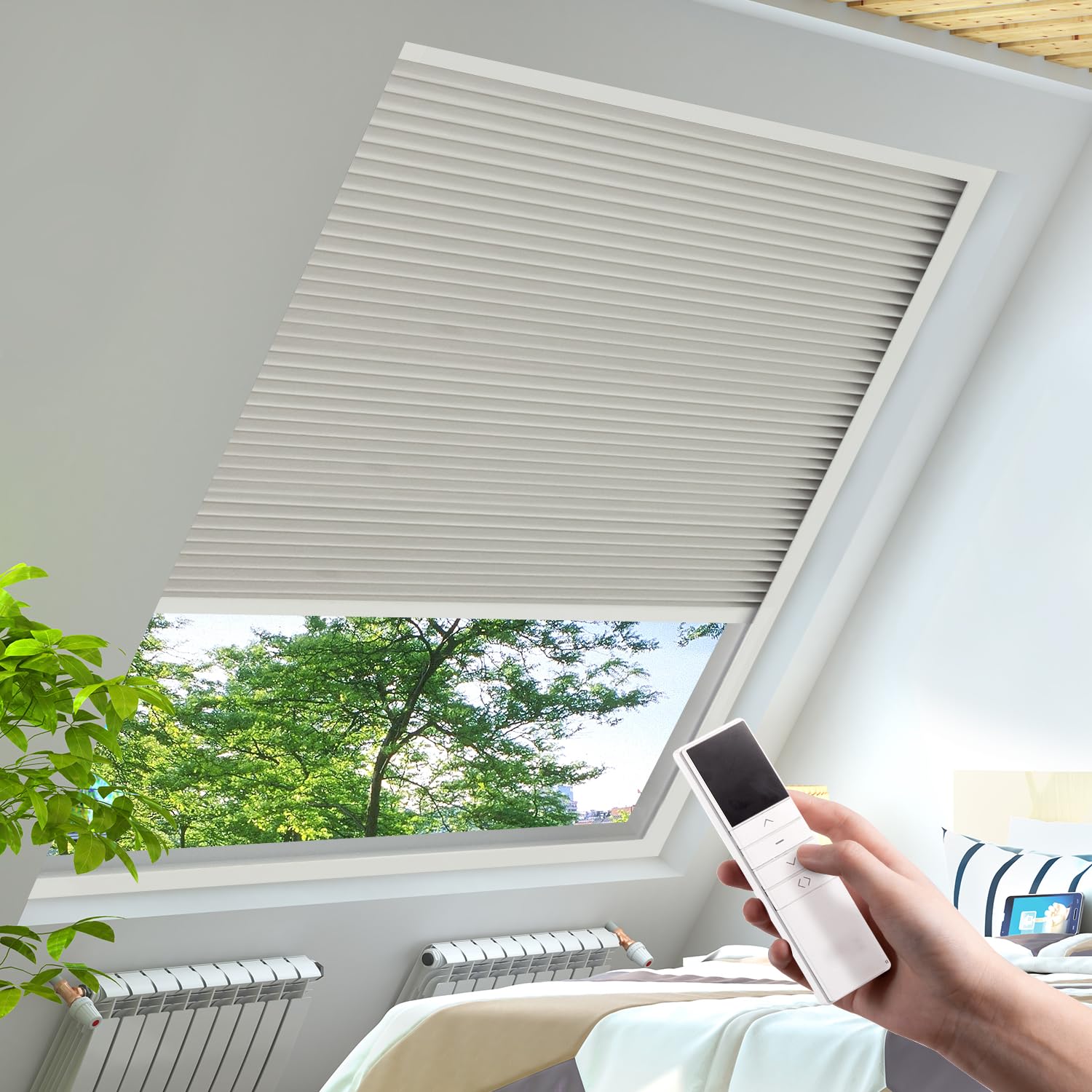 YESCENT Motorized Honeycomb Shades Cordless Over-size Customized Cellular Blinds Window Shades for Skylight Roof Inclined Plane Room Windows-milky white(93021B)
