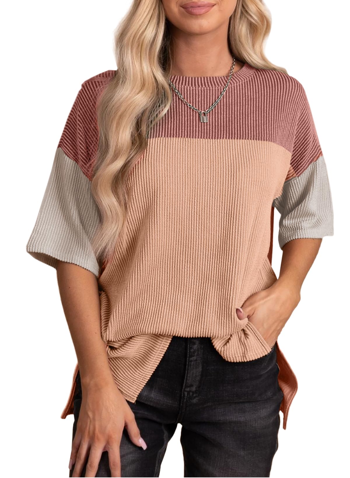 EVALESS Womens Summer Short Sleeve Crewneck Shirts Tops 2025 Fashion Color Block Casual Tunic Top