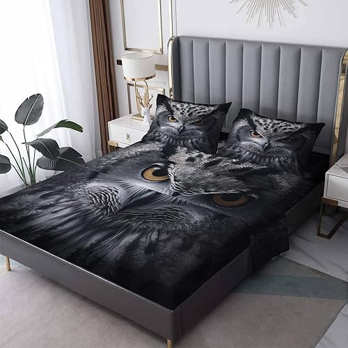 zcsm Owl Sheets King Size - Bird Bed Sheets, Soft Microfiber & Deep Pocket & Wrinkle Free Patterned Bedding Sheets & Pillowcases, 4 Piece (1 Fitted
