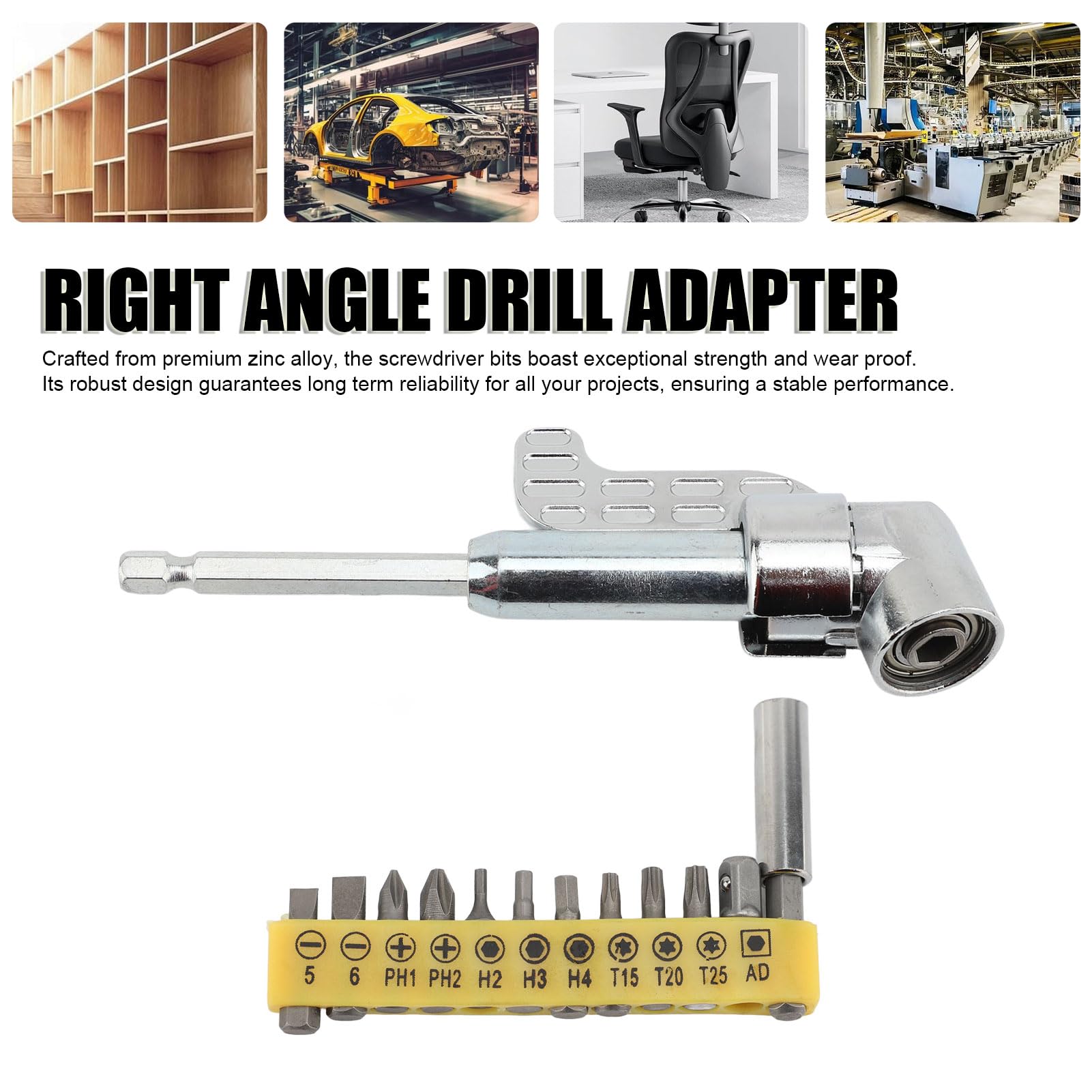 Steel Right Angle Drill Adapter with 12 Screwdriver Bits, 105 Degree Right Angle Drill Attachment for Impact Drivers and Drills