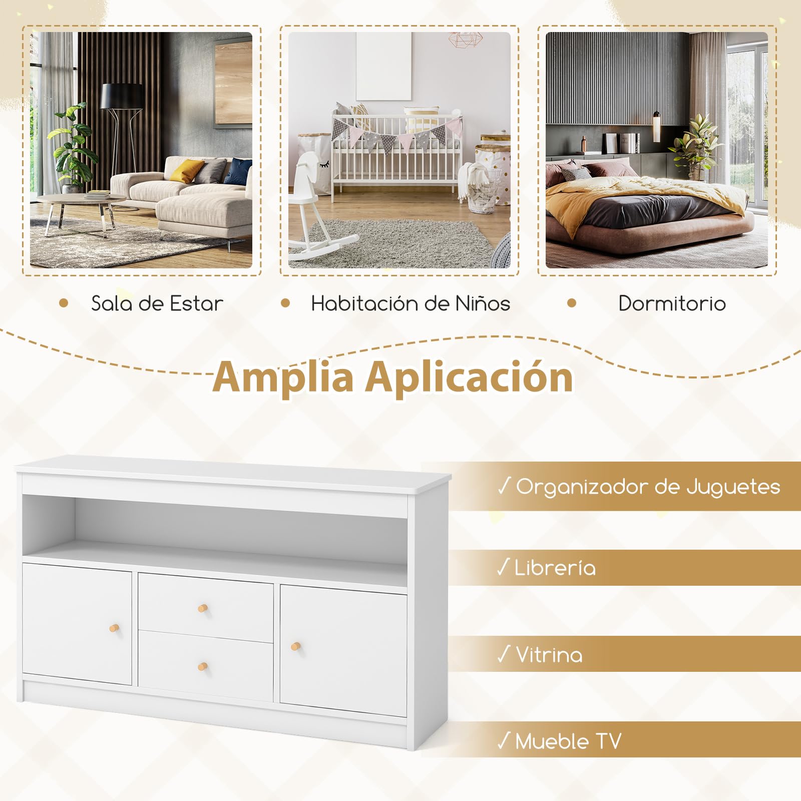 COSTWAY Armario de Juguetes para Niños, Estantería Infantil de Madera con Estante Abierto, 2 Cajones y 2 Puertas, Mueble Multifuncional para Salon, Dormitorio, Guardería, Jardín de Infancia (Blanco)