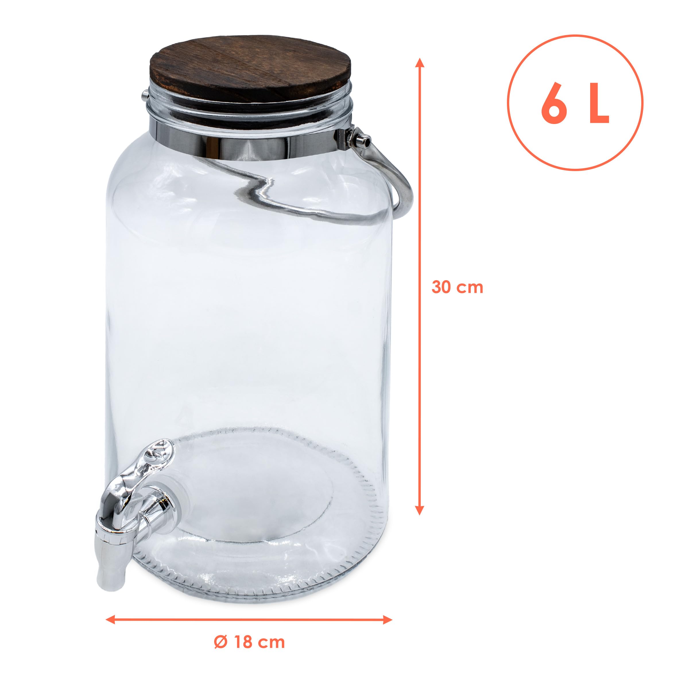 Getränkespender mit Zapfhahn und luftdichtem Holzdeckel - 6 Liter - Glas Wasserspender mit Tragegriff aus Metall - Wasser Saft Limonade Getränke Spender Dispenser