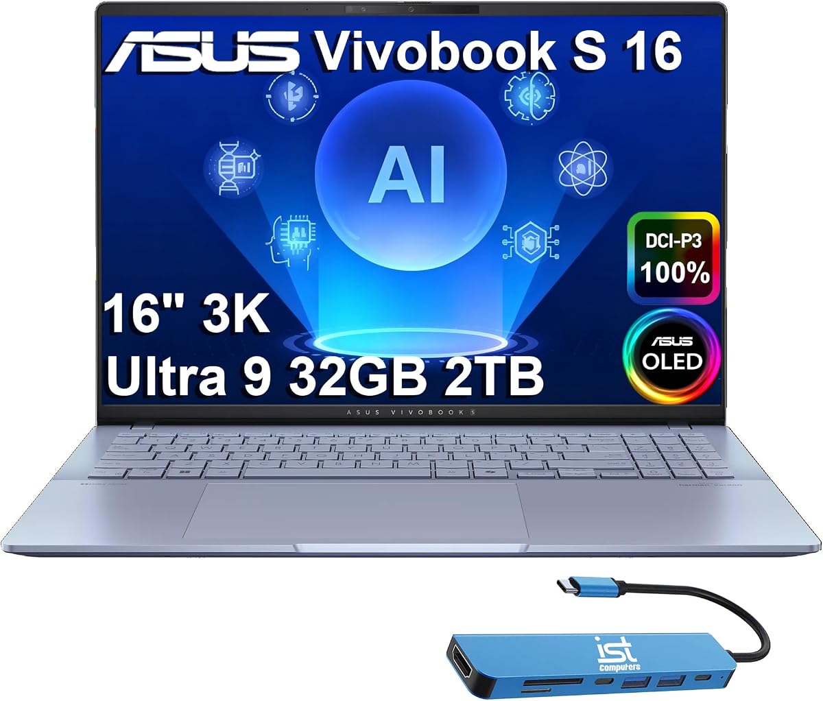 ASUS Vivobook S 16, 16" 3K OLED, Intel Ultra 9 285H, 32GB DDR5 RAM, 2TB SSD | 16 núcleos, > i9-13900H, PC portátil AI para creadores, fotógrafos, diseñadores, cámara web IR, retroiluminada, Wi-Fi 7, IST HUB, Win 11 Pro