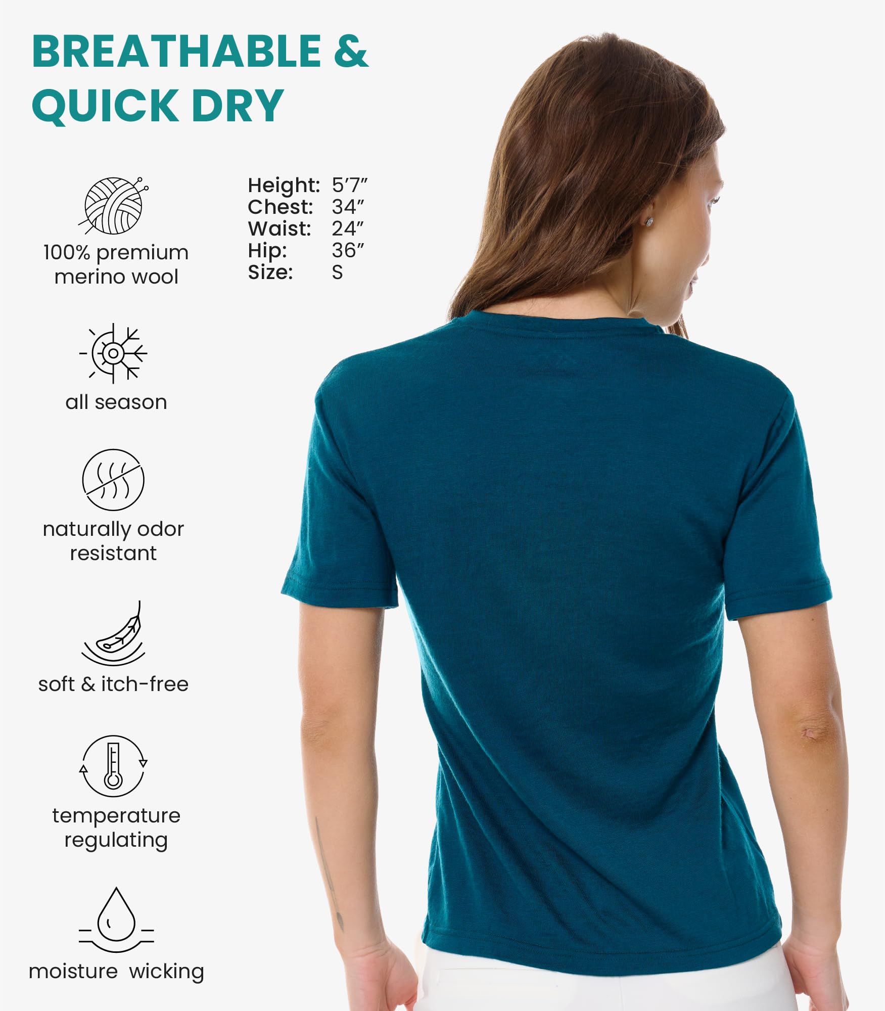 Merino.tech Maglietta Donna Lana Merino Manica Corta Intimo Sportivo (Dark Teal Scoopneck, M)