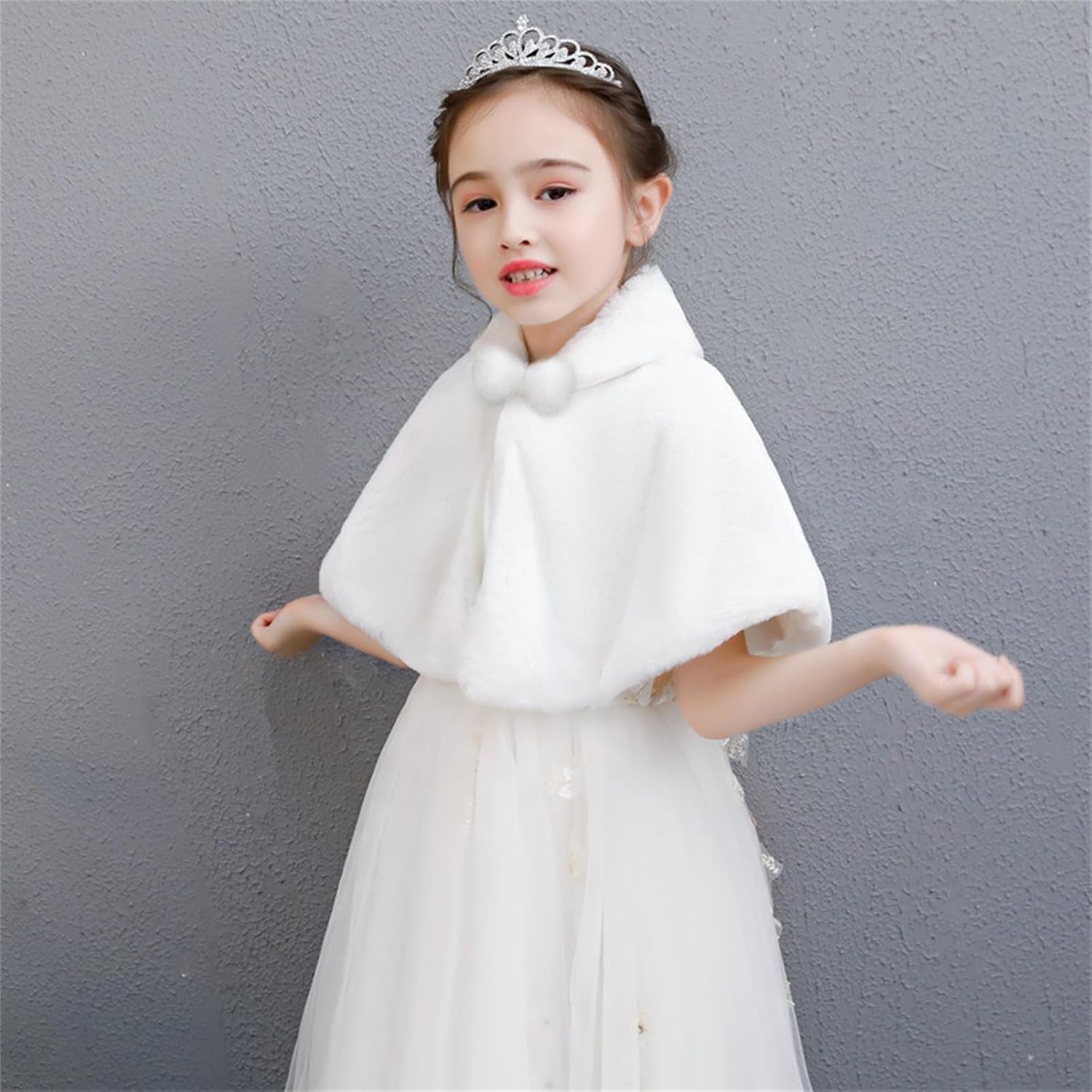 SK Studio Girls Princess Faux Fur Flower Bolero Shrug Party Wedding Dress Up White - Image 3