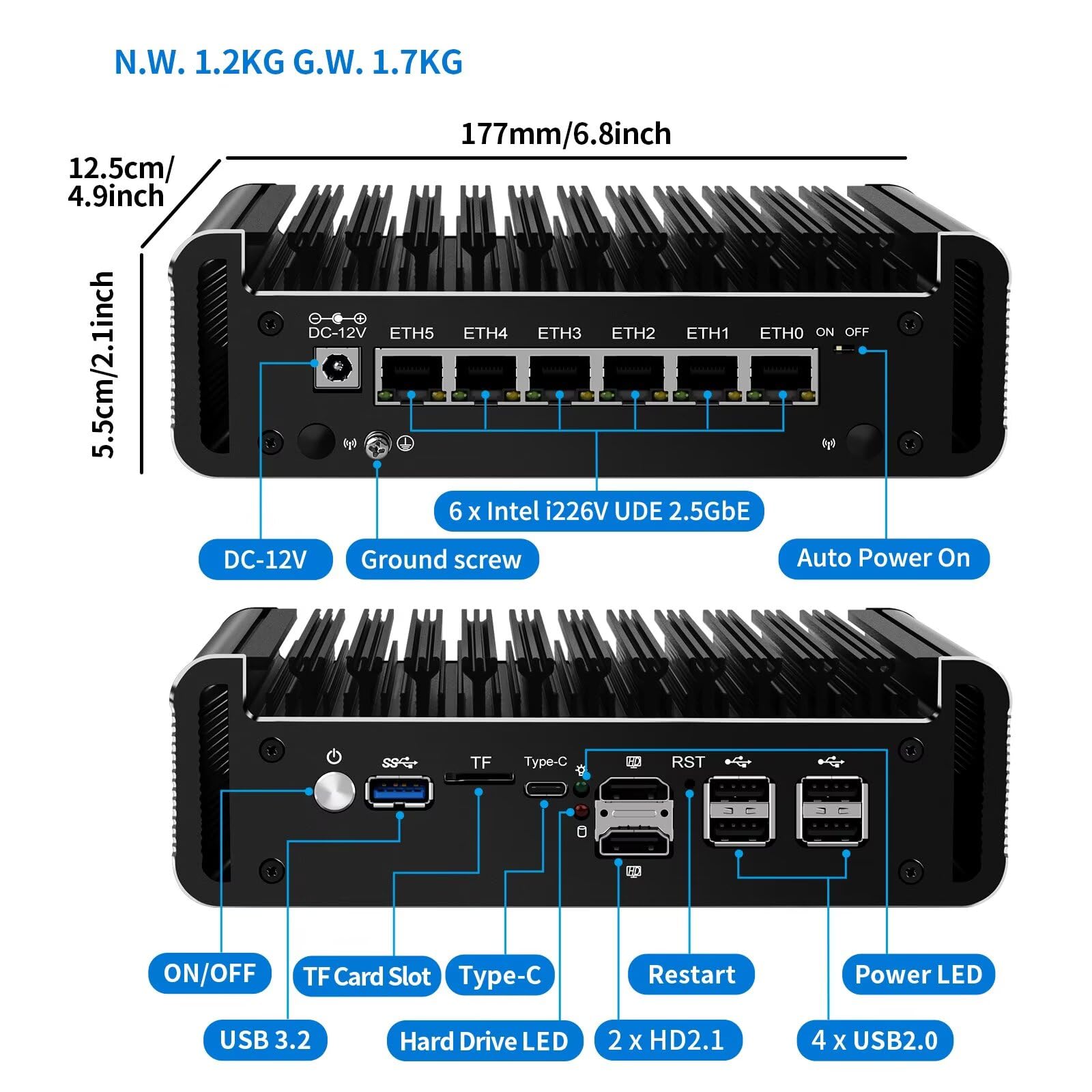 Firewall Mini PC N97 up to 3.6 GHz, 6 x i226V 2.5GbE LAN OPNsense Router Micro Appliance, Barebone, AES-NI, Fanless Computer Hardware, DDR5, 2 x NVMe Slot, 2 x SATA3.0, 2HD+USB-C 3 Display