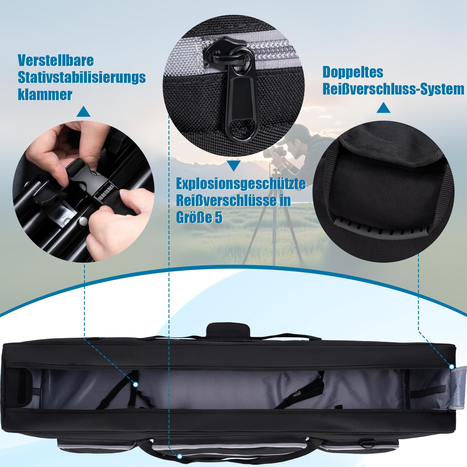 OUUTMEE Bolsa de transporte para trípode, bolsa grande para trípode fotográfico con separadores acolchados extraíbles, bolsa de soporte de luz con base acolchada a prueba de golpes para trípodes de