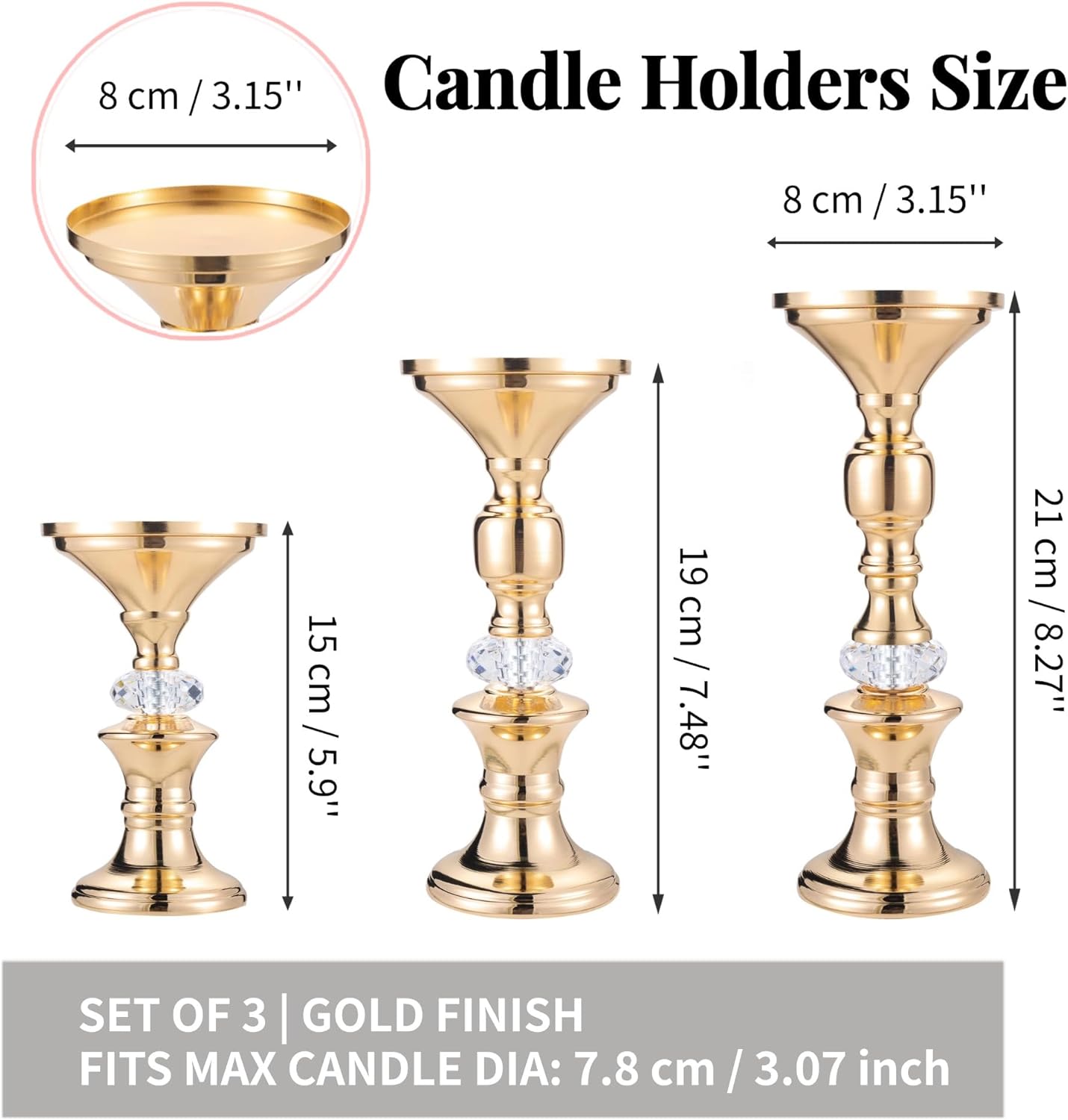 Gold Candle Holders Set of 3 for Pillar Candles Metal Candle Stands with Acrylic Crystal Accents for Wedding Centerpiece, Event Reception, Bridal Shower Home Decor – Fits 3" Wax/LED Candles