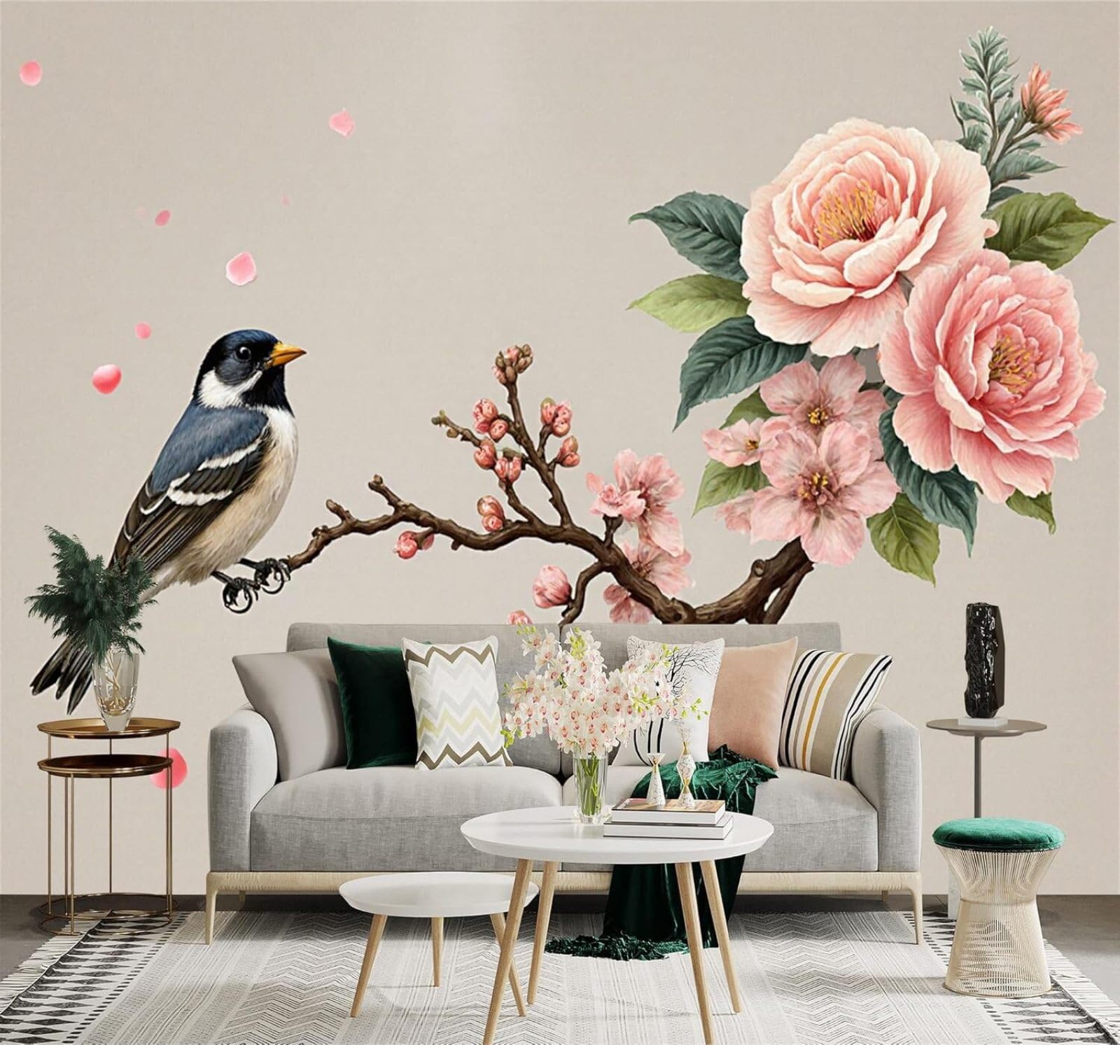 Xlming 250Cm×170Cm(B×H) Minimalist Pink Cherry Blossoms Peonies Birds 3D Wallpaper Silky Texture Home Study Office Grey Dining Room Sofa Bedroom Living Room Tv Backdrop-250Cm×170Cm