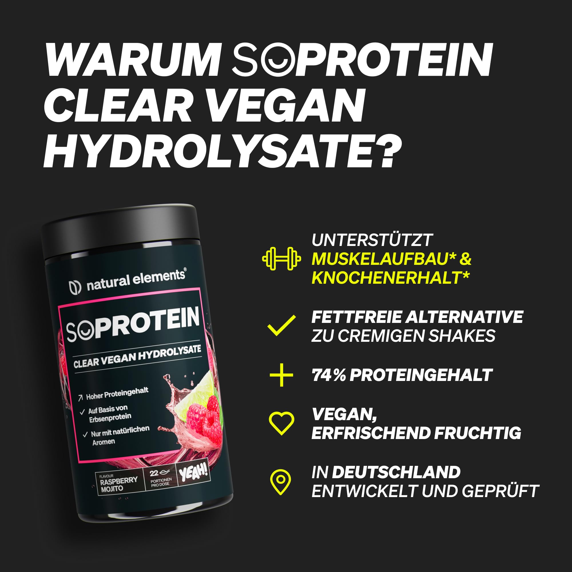 natural elements Clear Vegan Hydrolysate 450g – Raspberry Mojito – Proteinpulver – erfrischender Protein-Shake – ohne Whey Isolate – in Deutschland produziert & laborgeprüft