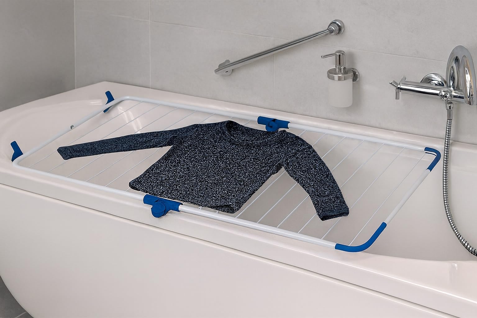 Gardissimo Metall Wäschetrockner Tumby für Badewanne, Weiß-Blau | 10 m Trockenlänge, Material: Metall und Kunststoff, Badewannen Trockner, Wäscheständer