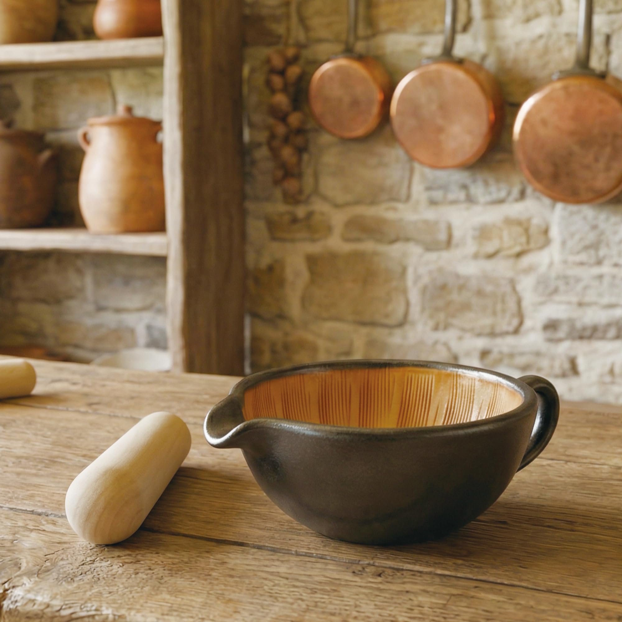 SASUGA Juego de mortero y mortero japonés Suribachi, cuenco de molienda tradicional de cerámica con mortero de madera para salsas, sésamo, especias y hierbas (negro)
