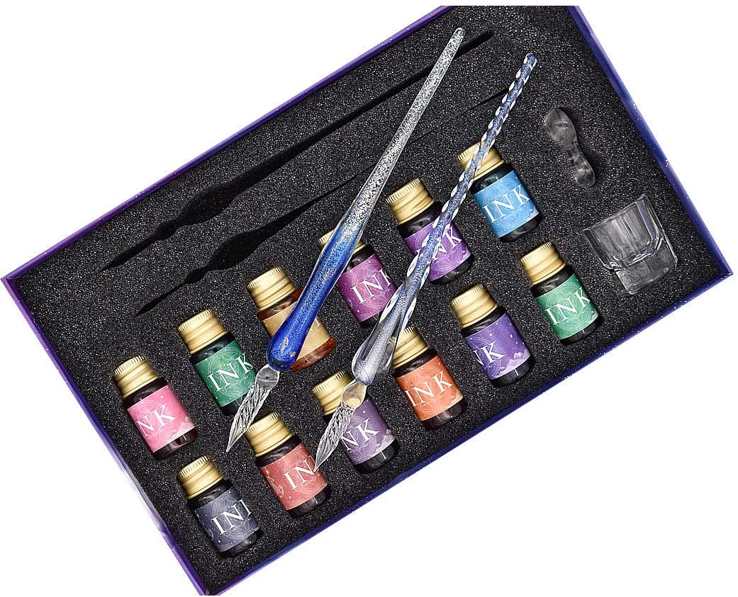 STONCEL Glass Dip Pen Set, 14 Color Inks, 2 Crystal Pens, Cleaning Cup, Calligraphy Pens For Beginners - View #2