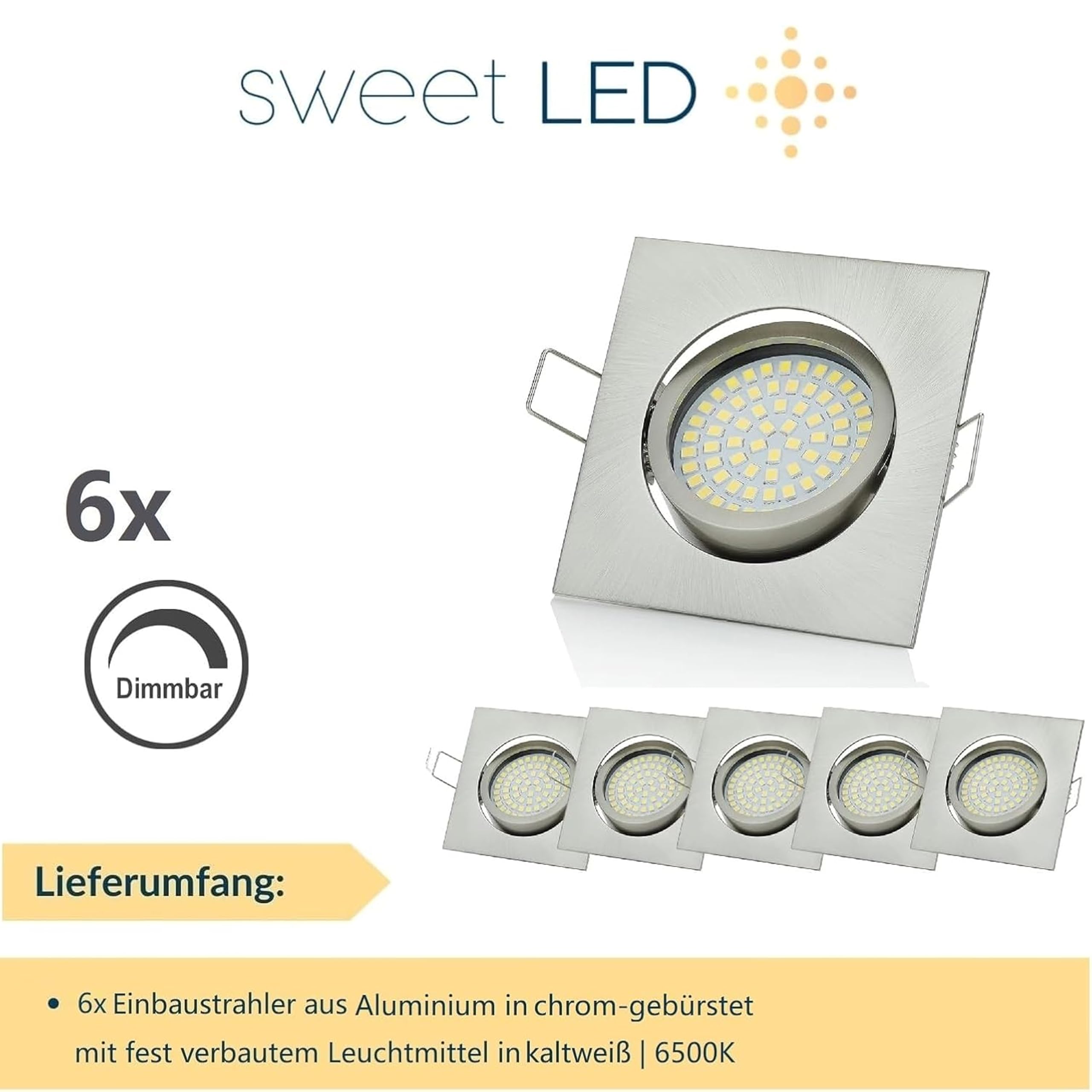 Sweet-led®, set di 6 faretti LED regolabili da incasso, 230 V, 5 W, orientabili, rotondi, cromo spazzolato, 400 lumen, 3000 K, a luce bianca calda moderno Eckig, Chrom Gebürstet, Kaltweiß