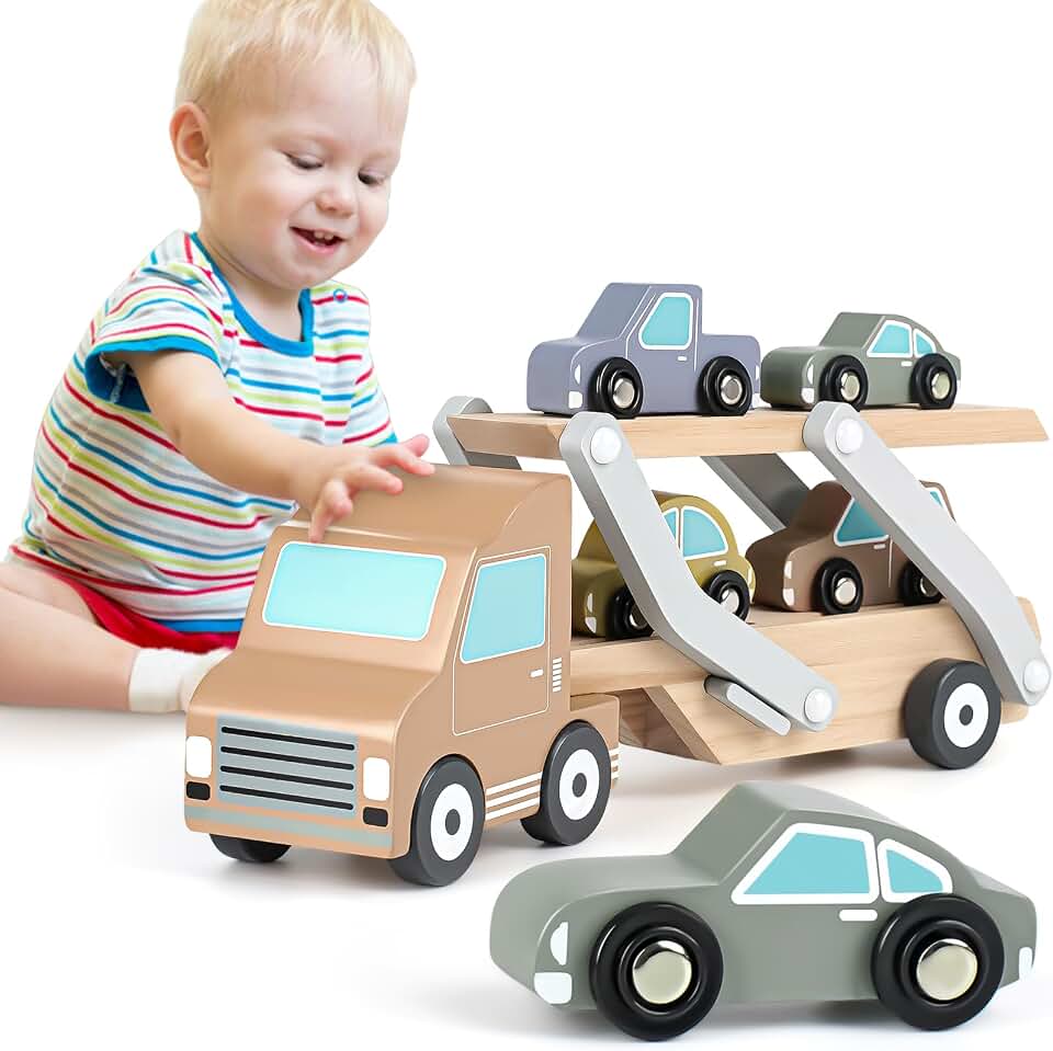 Montessori Spielzeug ab 1 Jahr Spielzeug Auto Ab 1 Jahr mit 4 Autos Autotransporter Holzspielzeug Ge