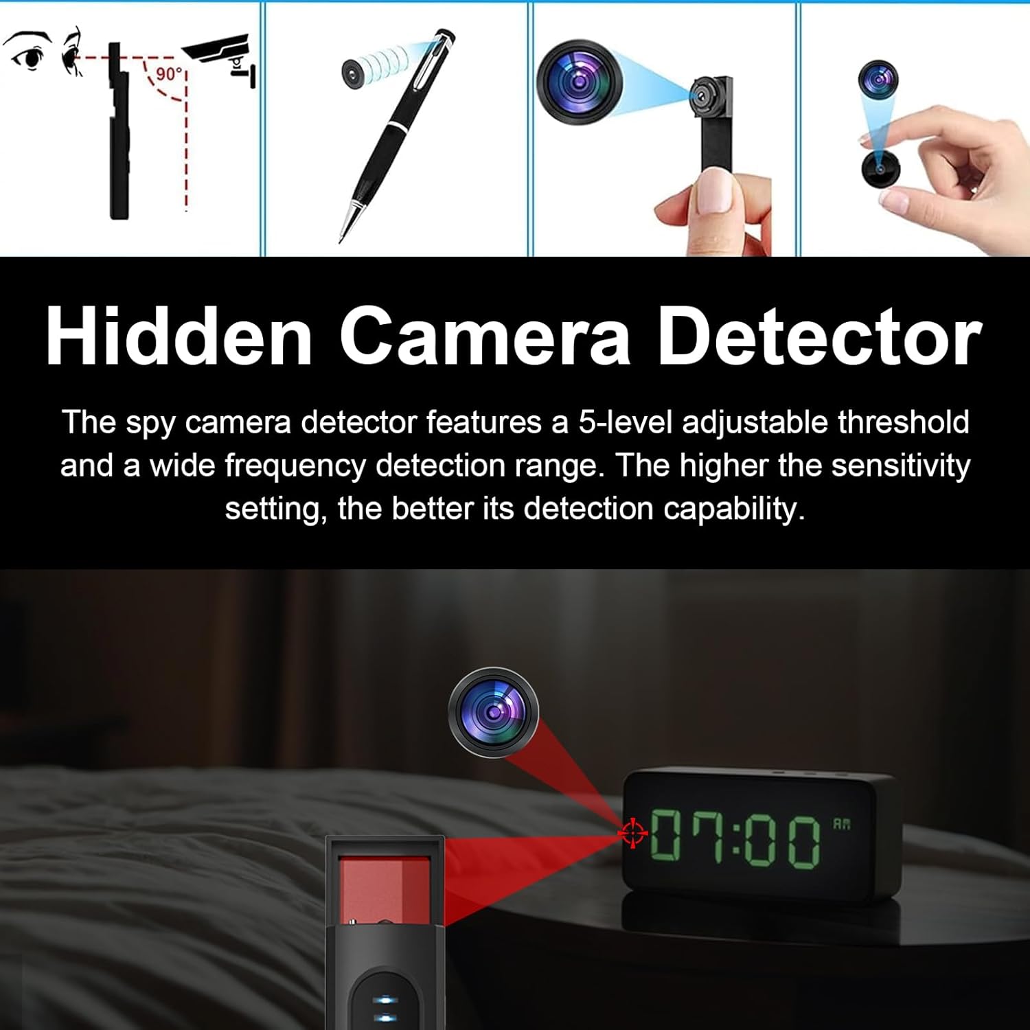 Hidden Camera Detectors, Anti-Spy Camera Finder RF Signal & WiFi Scanner Hidden Devices Detector for GPS Trackers,5 Levels Sensitivity 4 Modes,Signal Scanner for Hotels,Car, Office, Travel