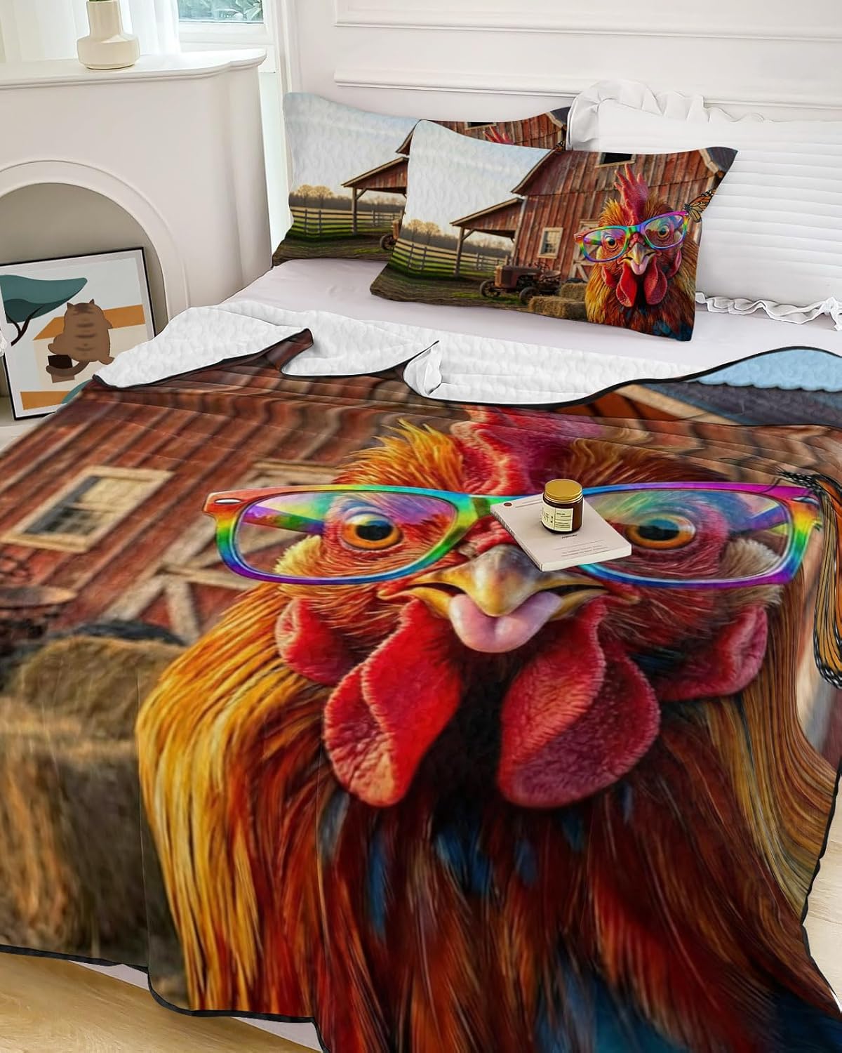 Queen Size Quilt Set, Farm Funny Chicken Lightweight Bedspread Coverlet Set Soft Microfiber Summer Quilt with 2 Pillow Shams, Retro Country Butterfly 3 Piece Comforter Bedding Set